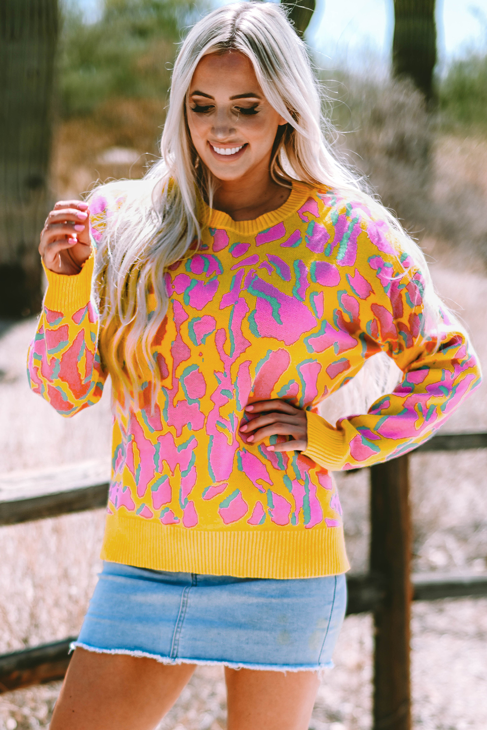 Green Abstract Print Ribbed Trim Baggy Sweater - loveforevers