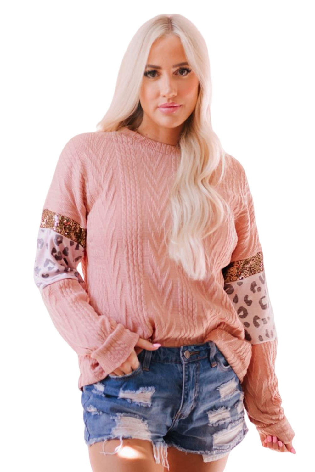 Pink Leopard Sequin Splicing Sleeves Textured Knit Top - loveforevers