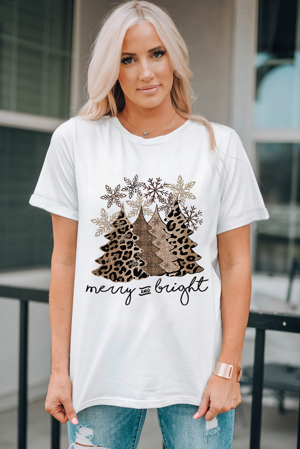 Black Leopard Christmas Tree Graphic Crew Neck T Shirt - loveforevers