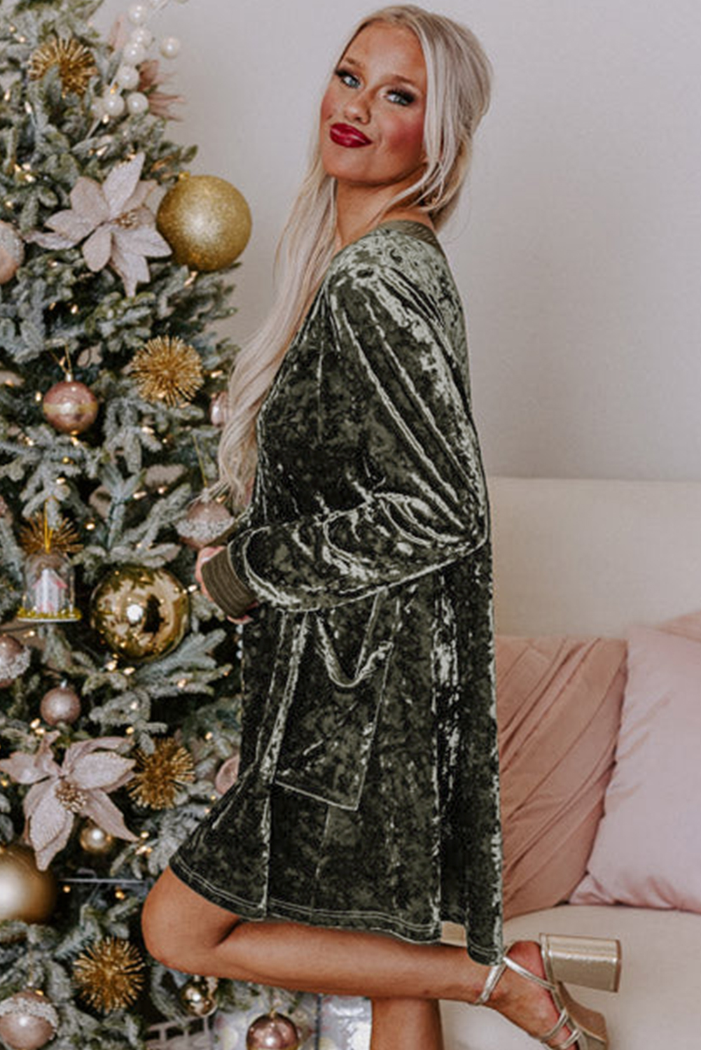Jungle Green Velvet Long Sleeve V Neck Loose Dress with Pockets - loveforevers