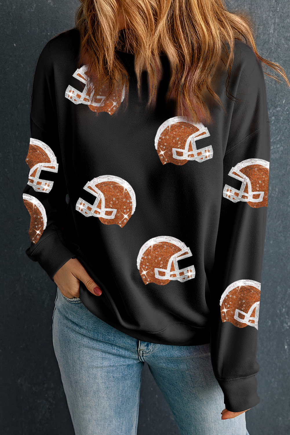 Black Sequin Rugby Football Helmet Graphic Game Day Sweatshirt - loveforevers