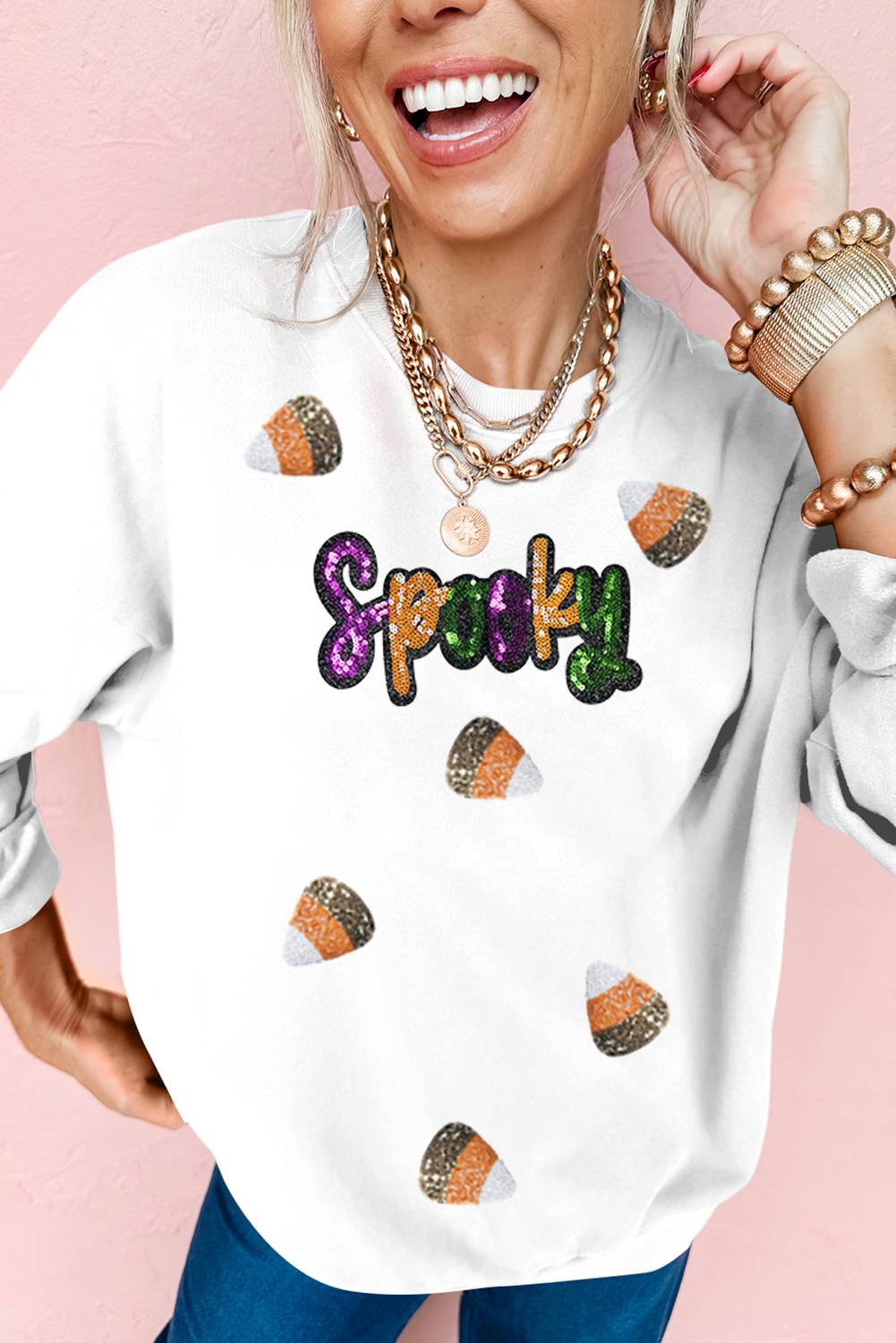 White Sequin Spooky Halloween Spirit Print Casual Sweatshirt - loveforevers