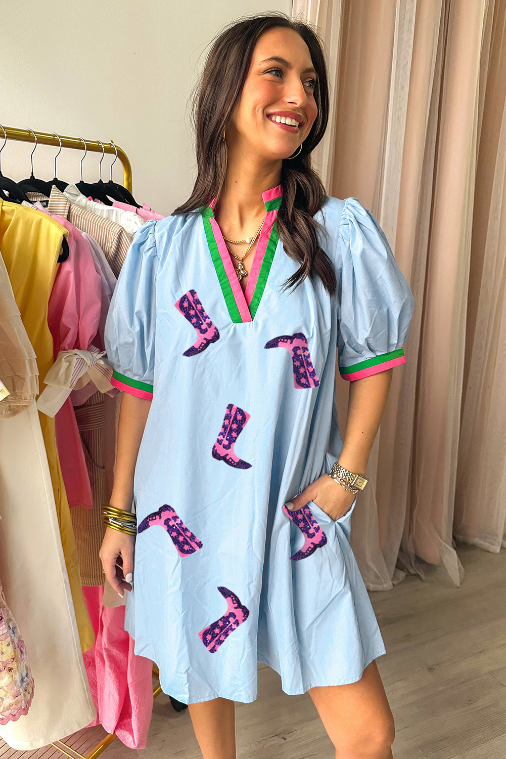 Myosotis Sequined Cowgirl Boots Pattern Contrast V Neckline Half Puff Sleeve Dress - loveforevers