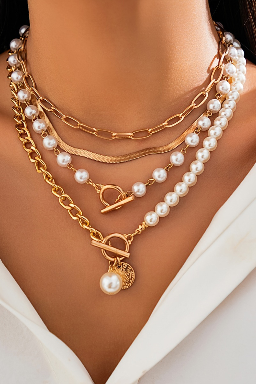Gold Pearl Decor Plated Adjustable Chain Layered Necklace - loveforevers