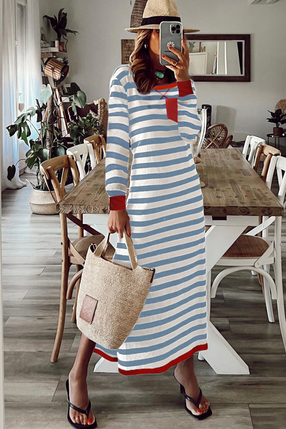 Sky Blue Stripe Striped Print Contrast Edge Long Sleeve Midi Dress with Side Splits - loveforevers