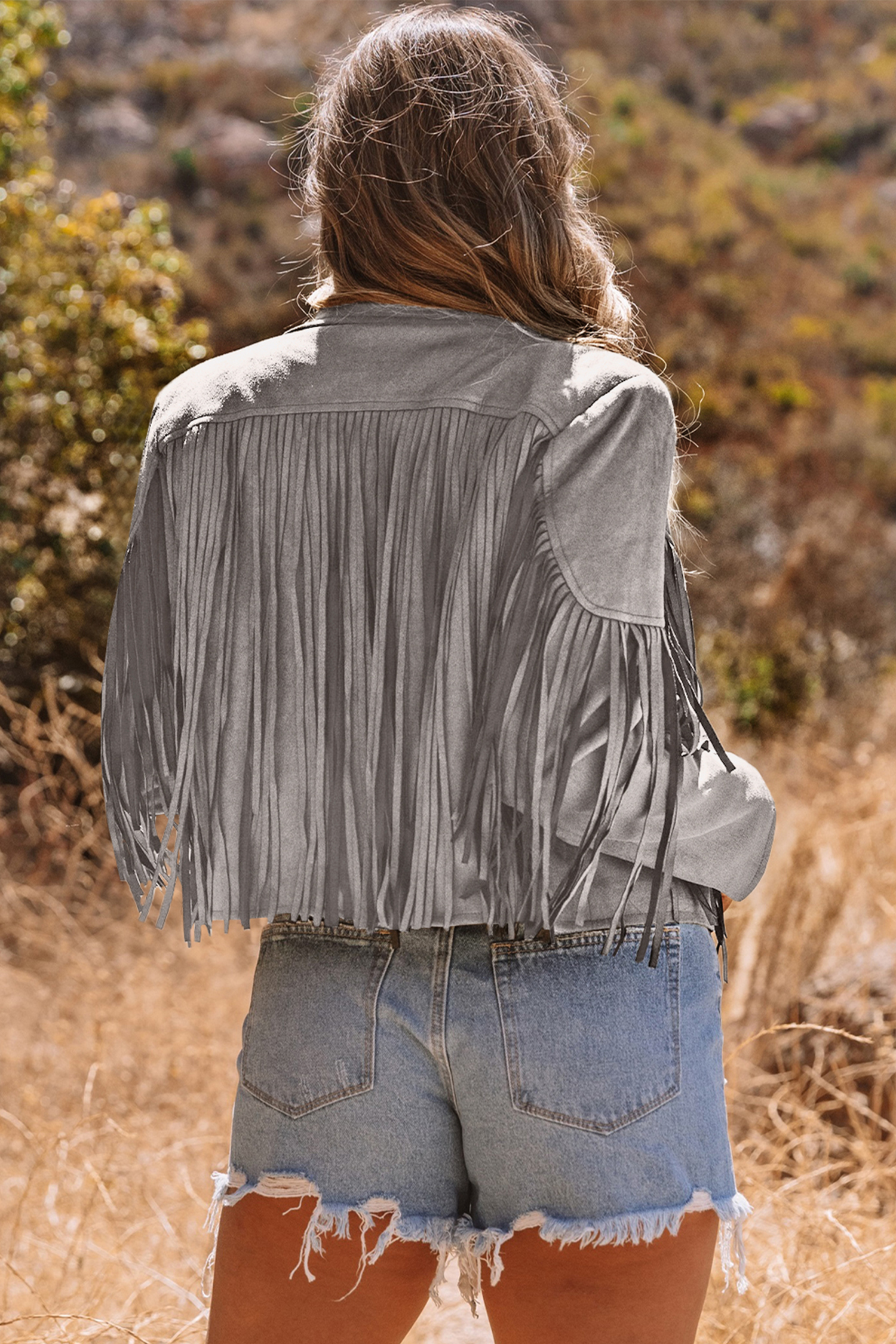 Gray Cropped Fringe Faux Suede Jacket - loveforevers