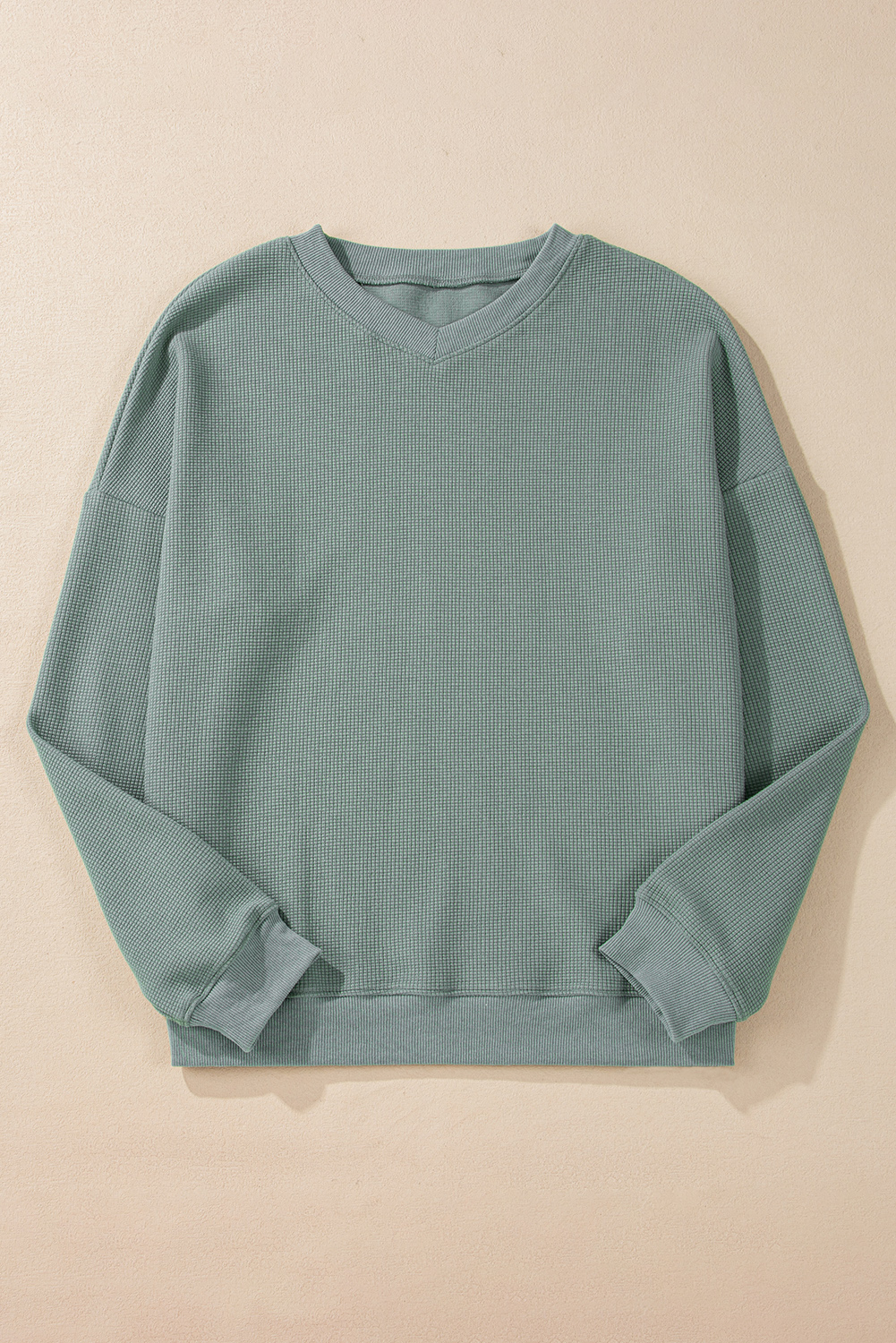 Clearly Aqua Waffle Knit Drop Shoulder V Neck Top - loveforevers