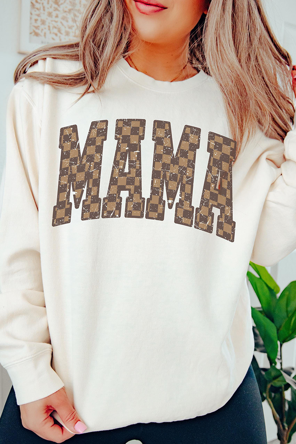 White Checkerboard MAMA Graphic Drop Shoulder Sweatshirt - loveforevers