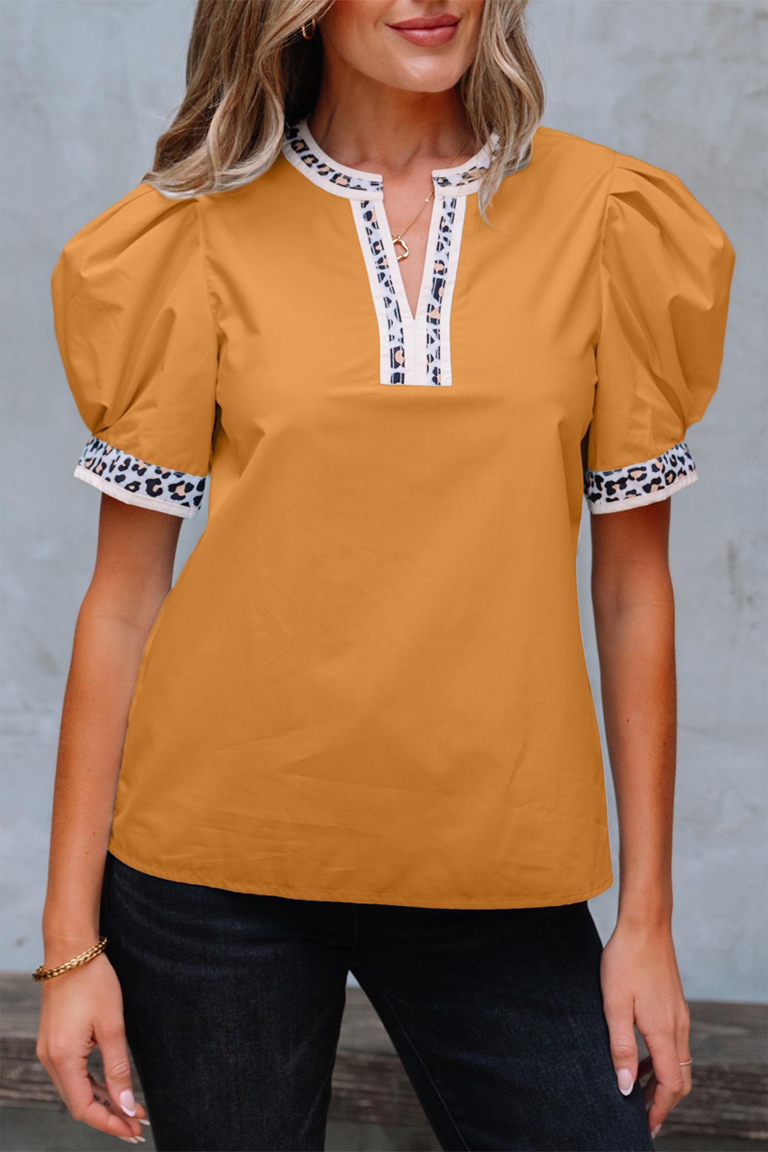 Buckskin Contrast Leopard Trim Split Neck Puff Sleeve Blouse - loveforevers