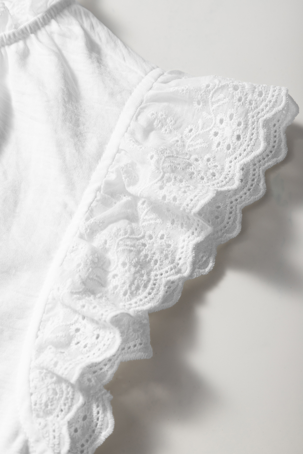 White Embroidered Ruffle Trim Textured Blouse - loveforevers