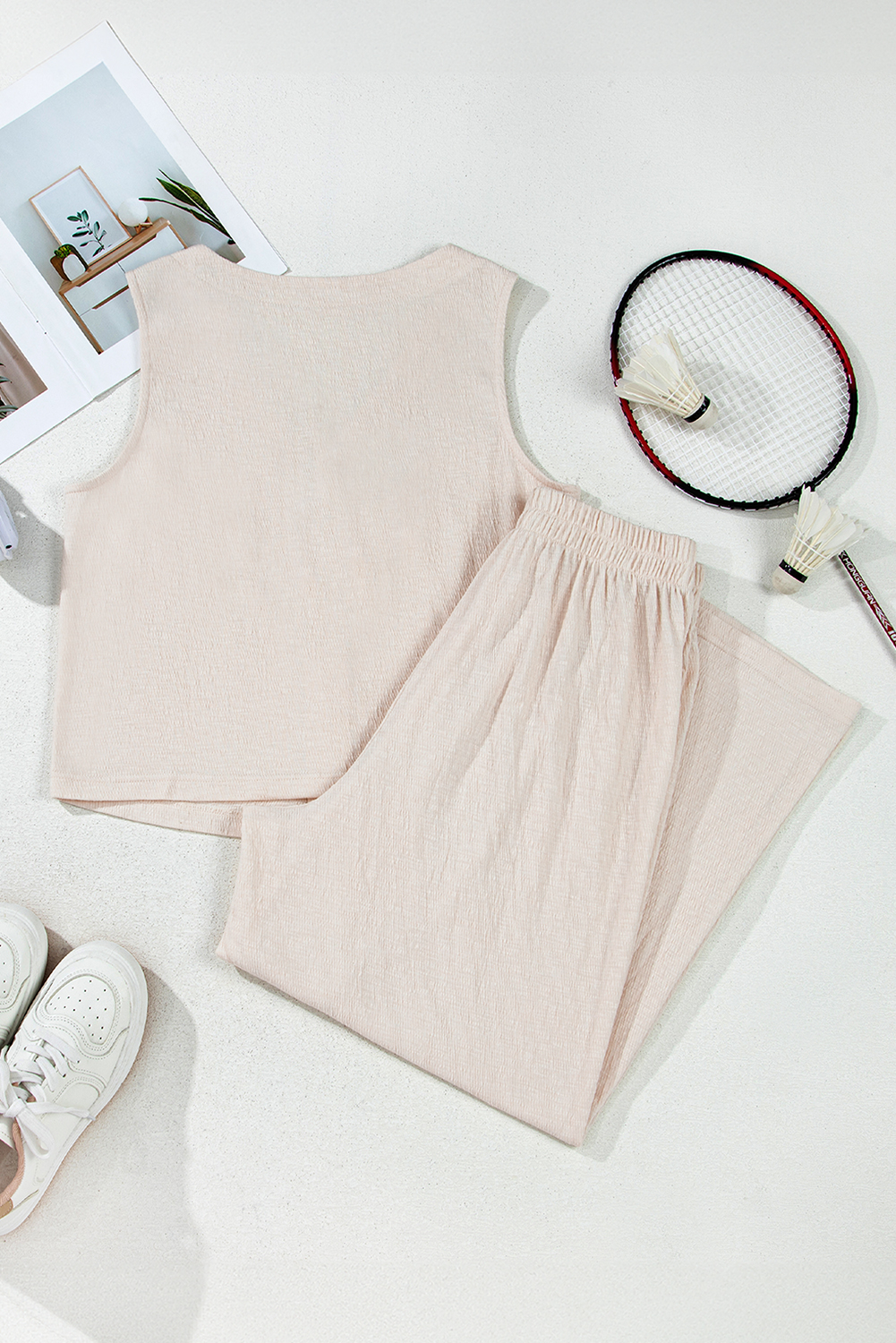 Apricot Buttoned V Neck Tank Top and Wide Leg Pants Casual Outfit - loveforevers