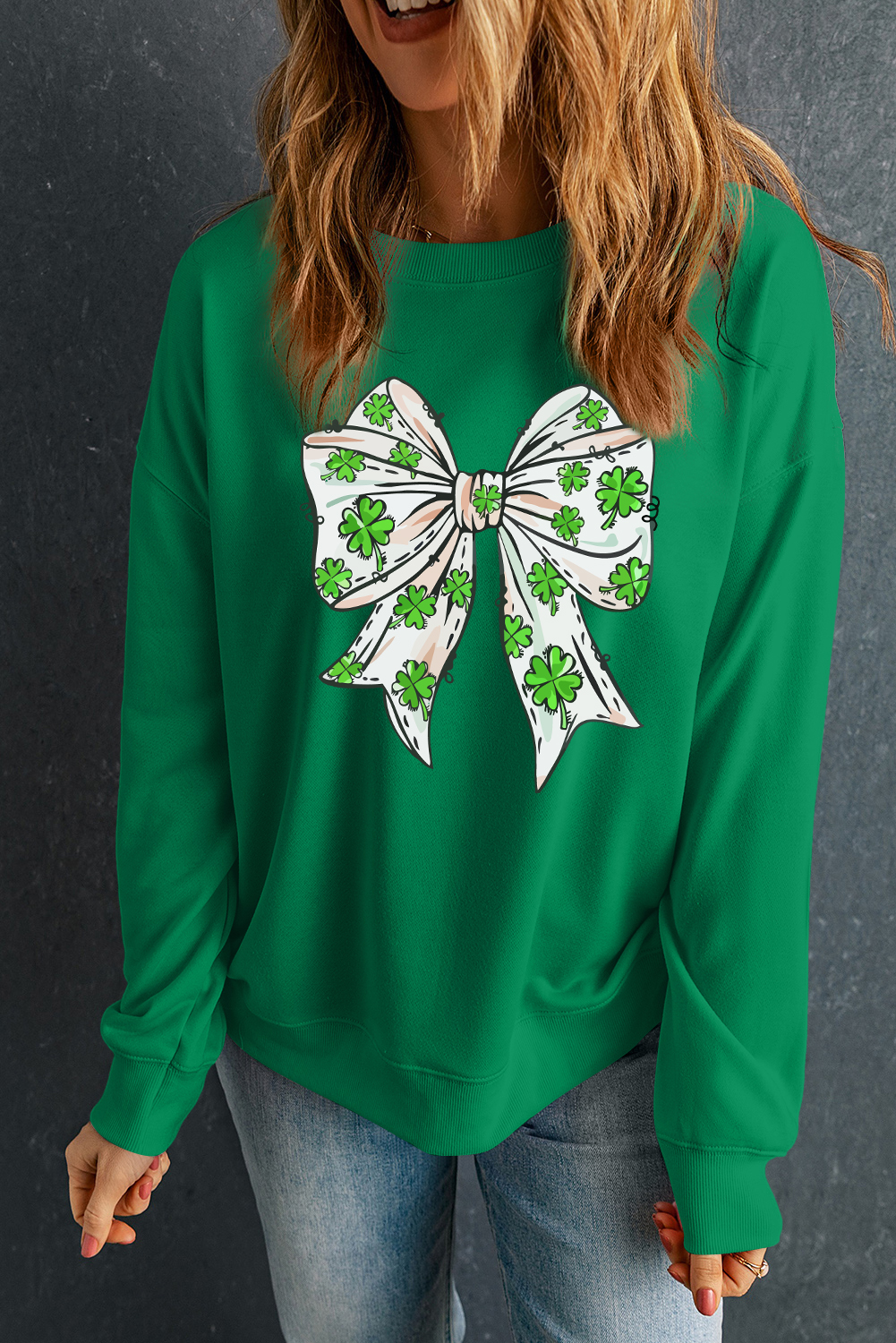 Dark Green St Patricks Clover Bow Printed Drop Shoulder Sweatshirt - loveforevers