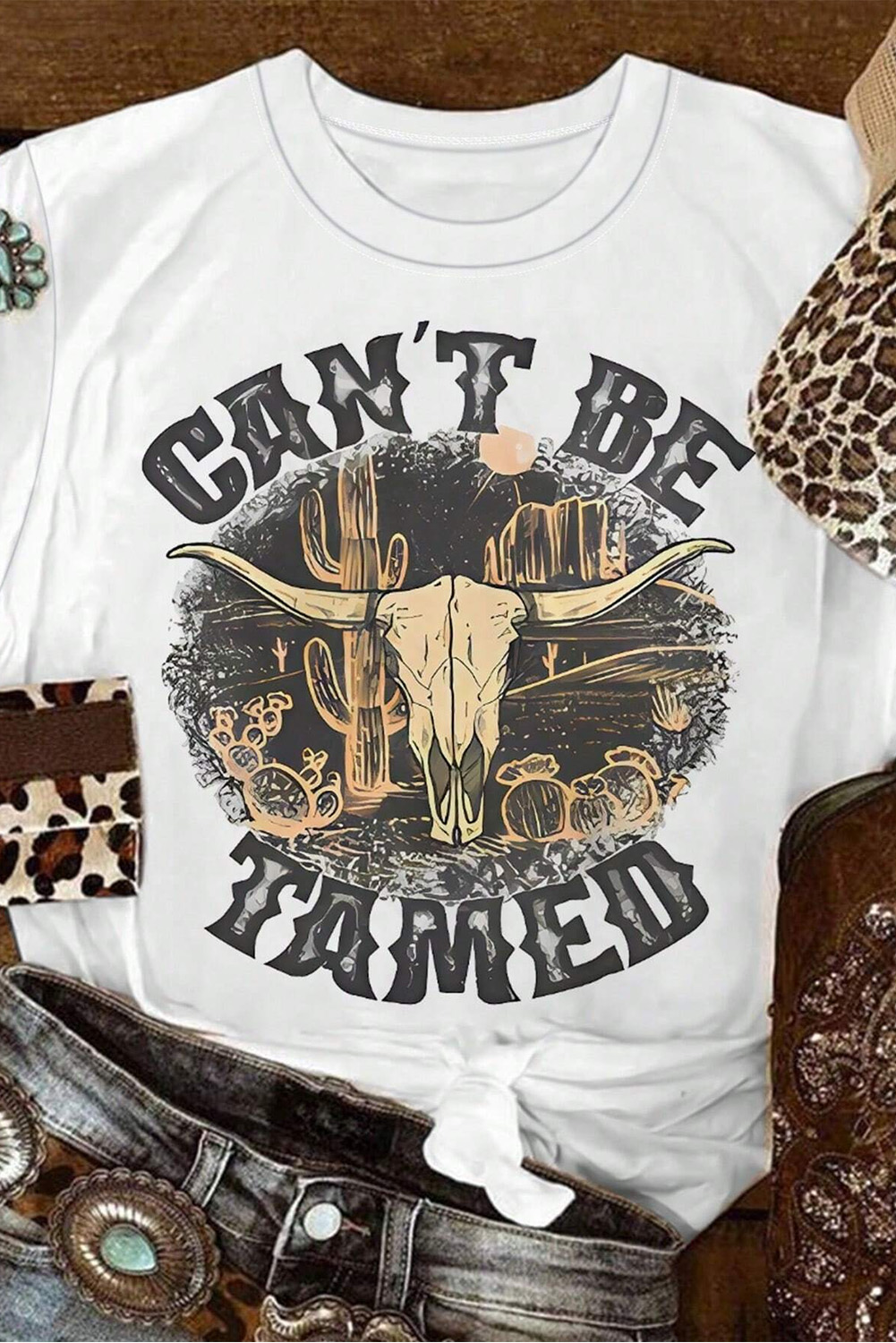 White Cant Be Tamed Western Steer Head Crew Neck T Shirt - loveforevers