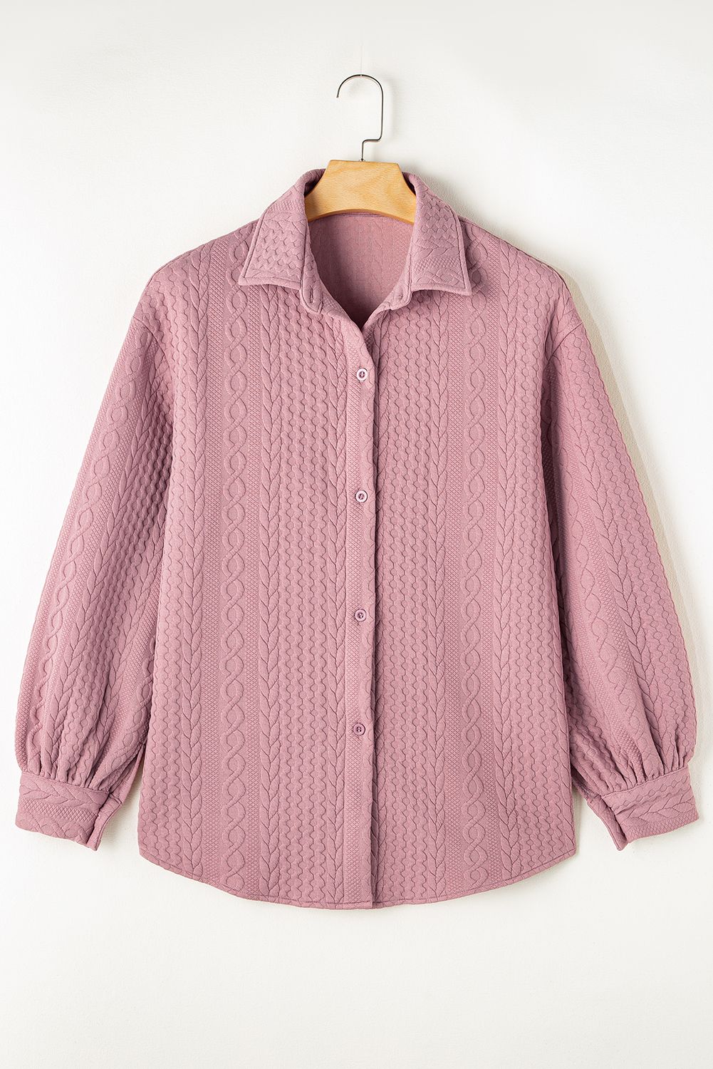 Sepia Rose Cable Texture Puff Sleeve Loose Shacket - loveforevers