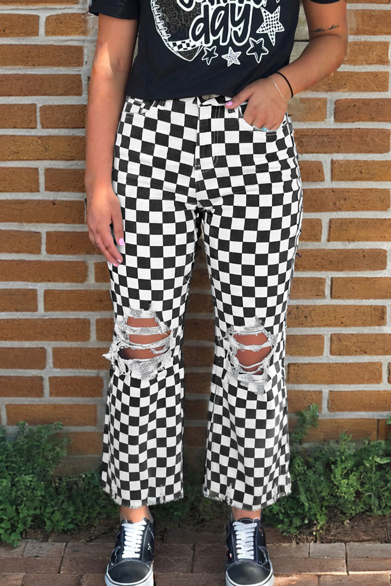 Black Checkerboard Print Distressed Holes Raw Edge Cropped Jeans - loveforevers