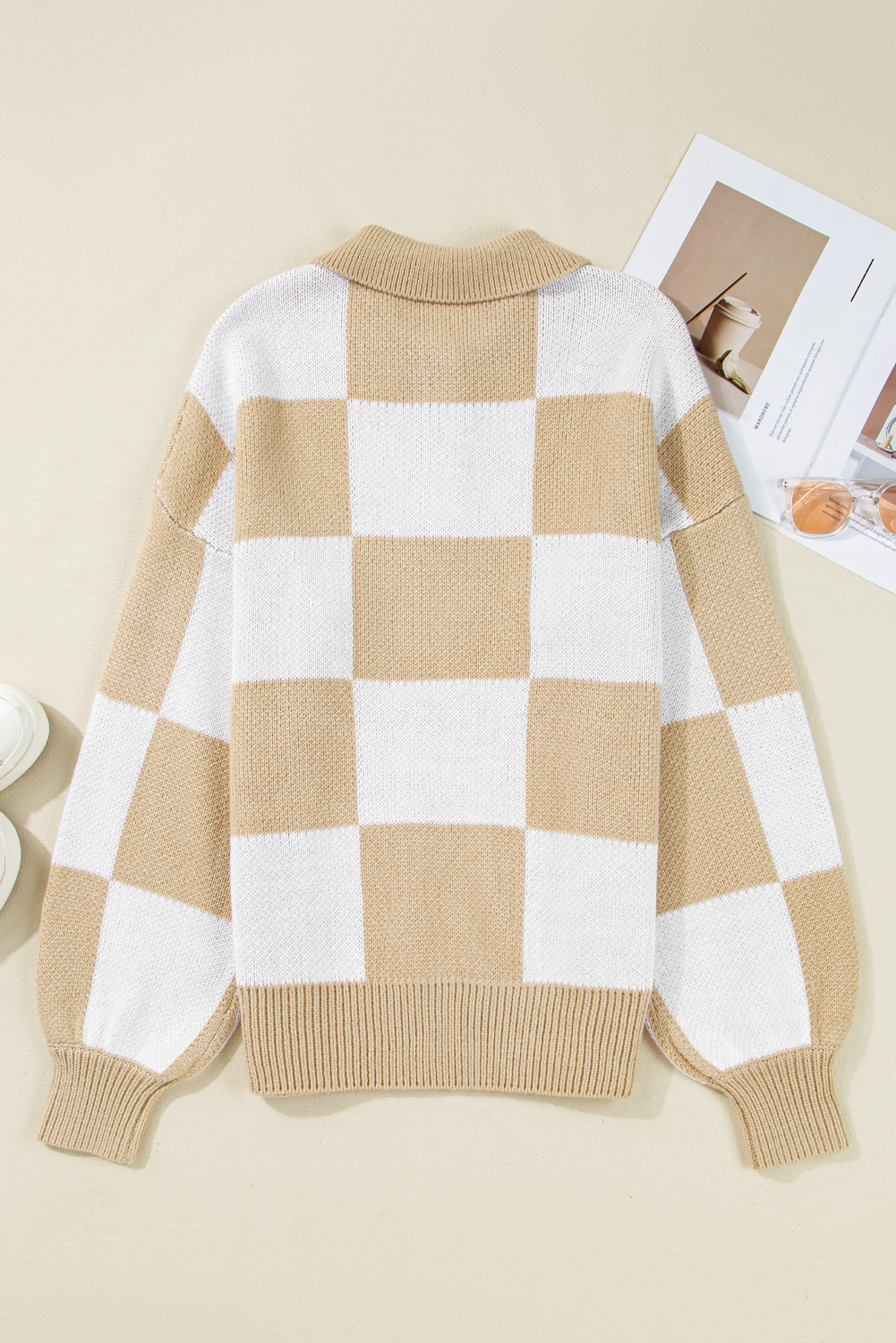 Mist Green Checkered Pattern Polo Collar Loose Sweater - loveforevers