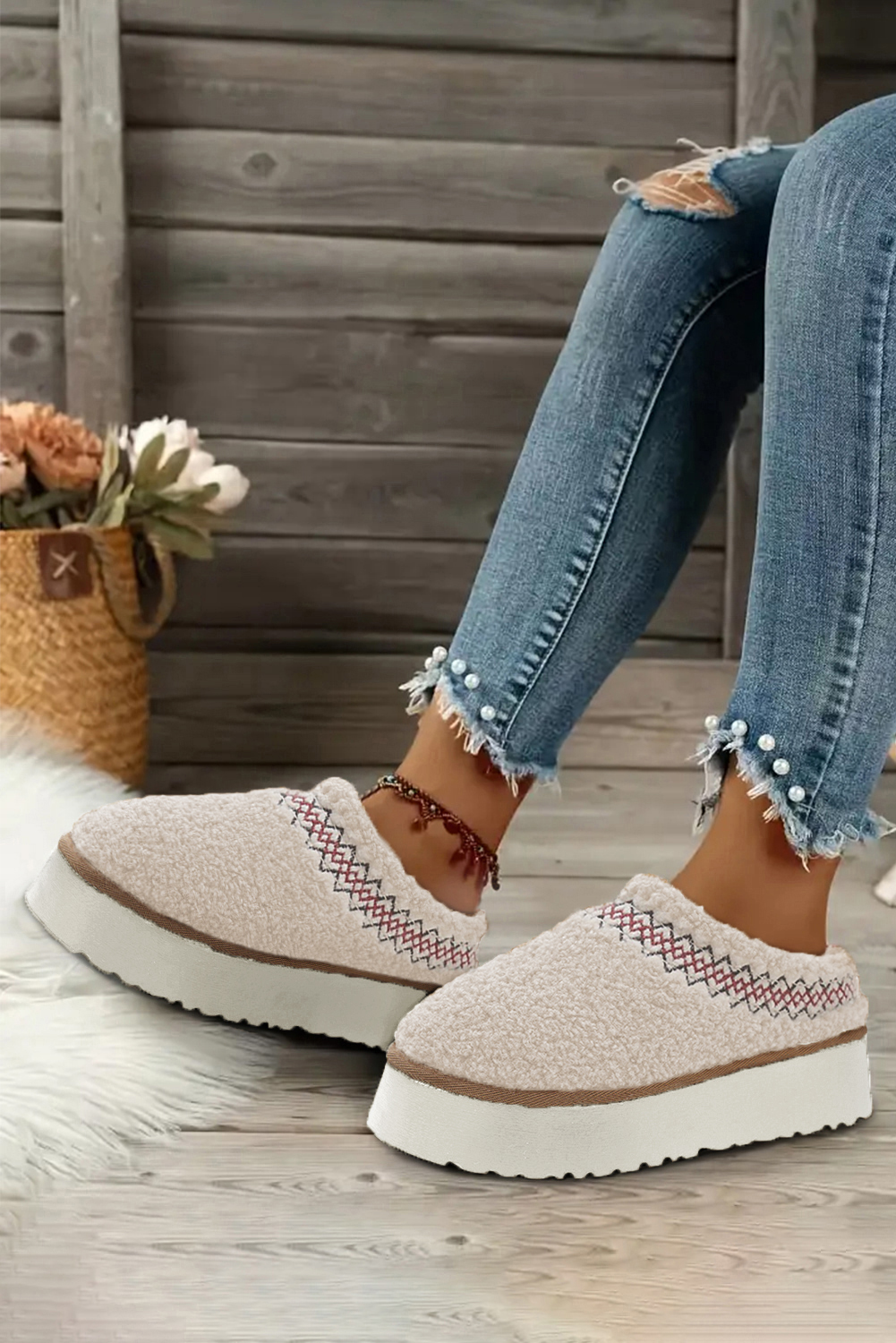 Oatmeal Embroidered Sherpa Plush Thick Sole Snow Boots - loveforevers