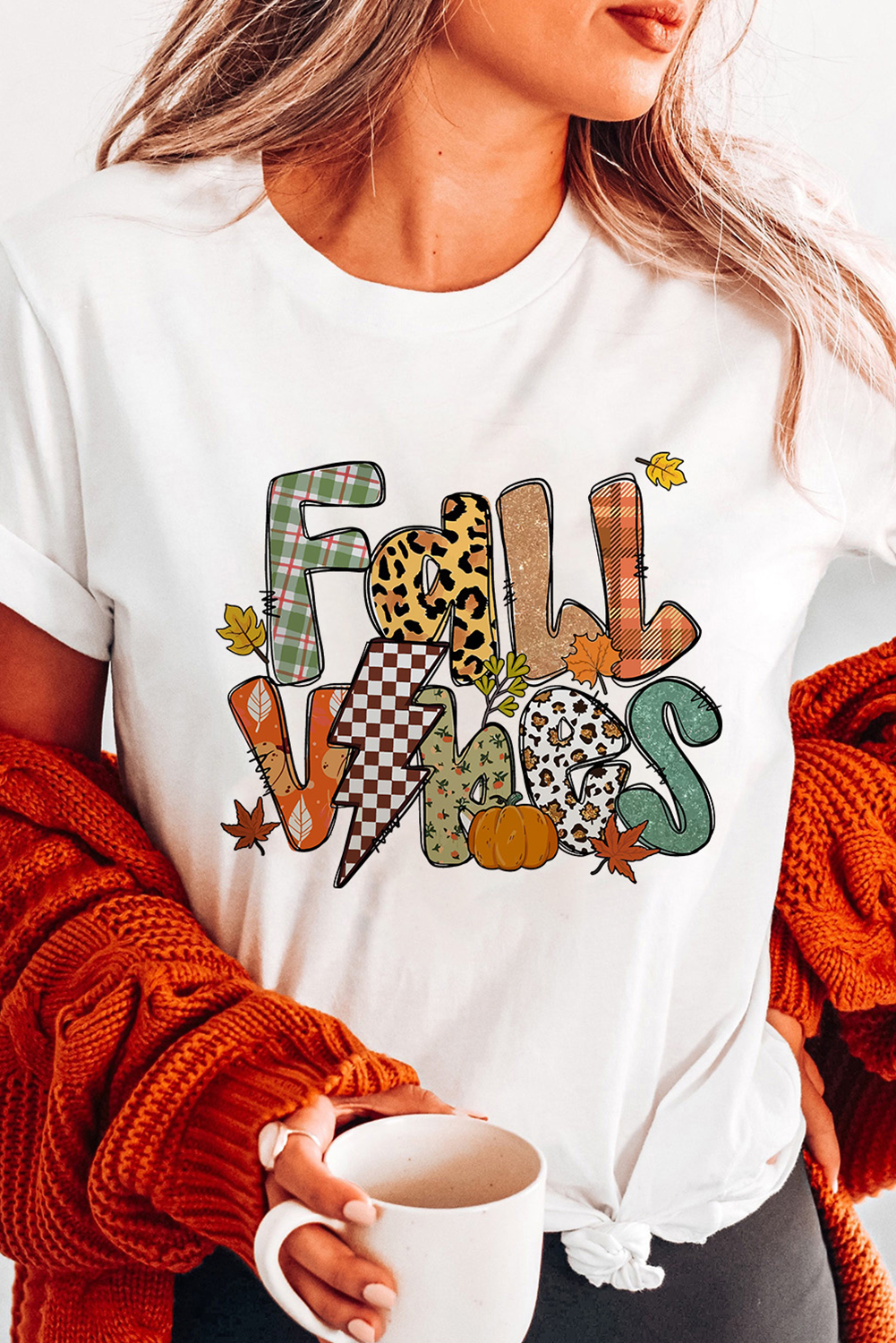 White FALL VIBES Cotton Blend Casual T Shirt - loveforevers