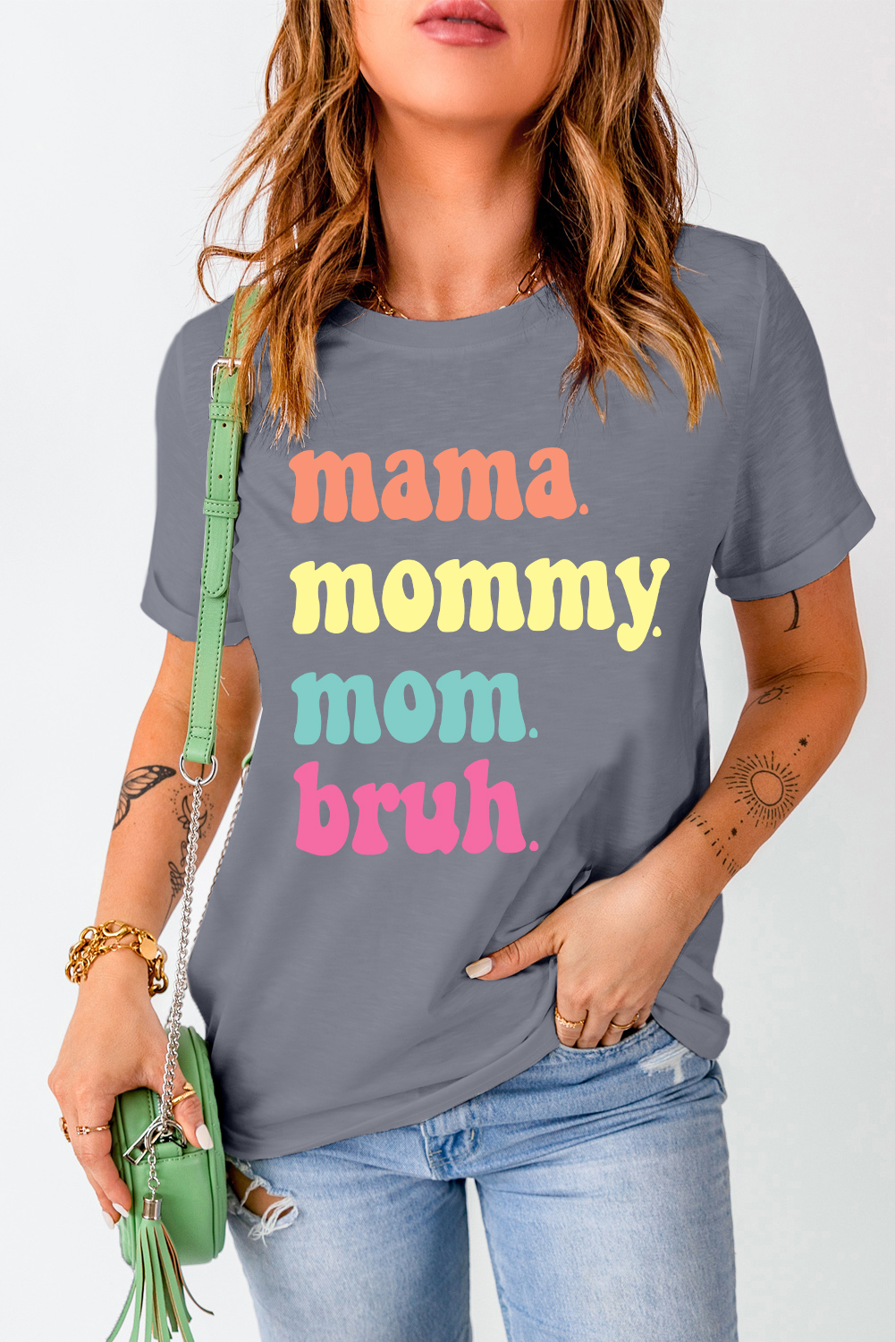 Gray mama mommy mom bruh Crew Neck Graphic Tee - loveforevers