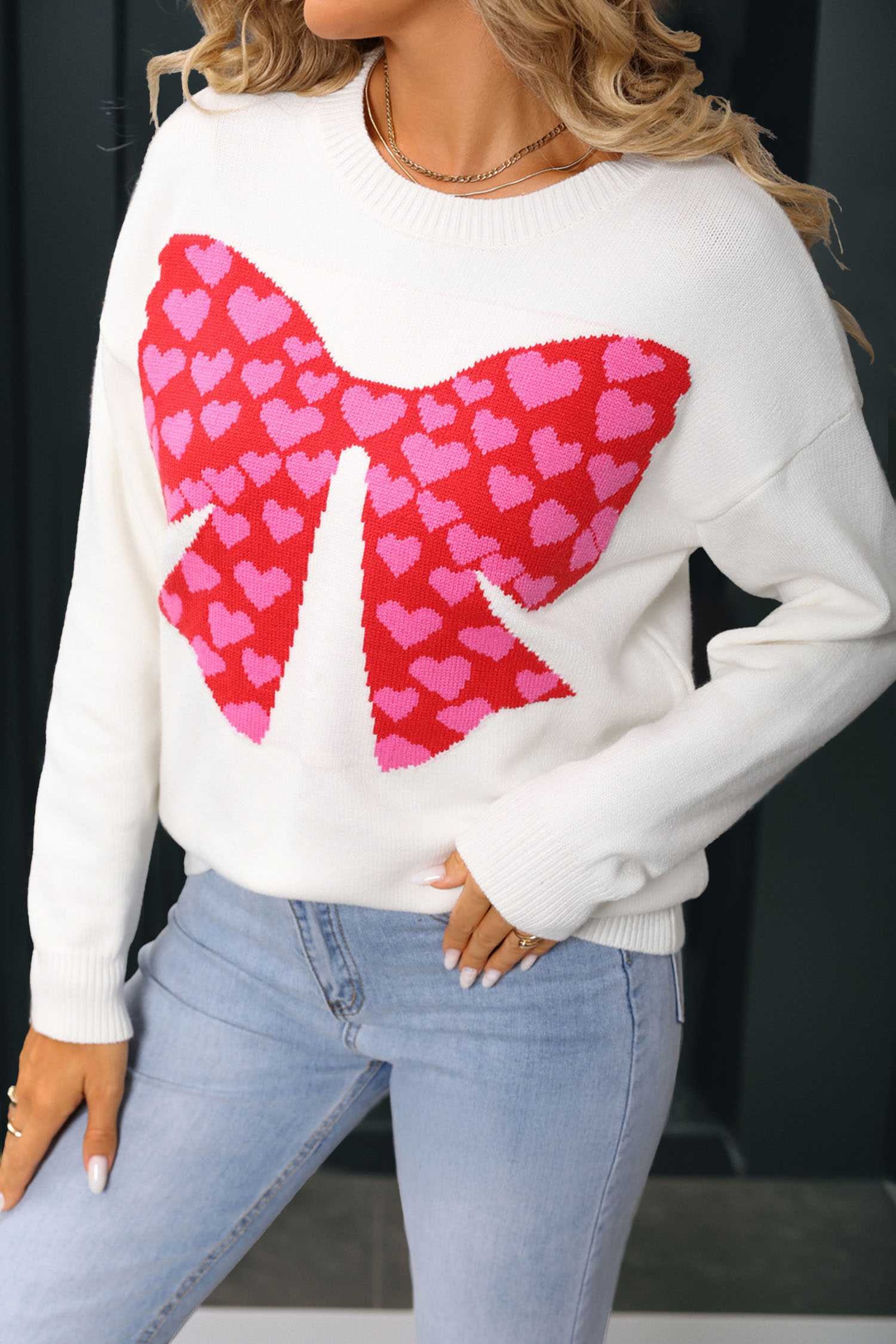 White Heart Bow Graphic Valentine Sweater - loveforevers