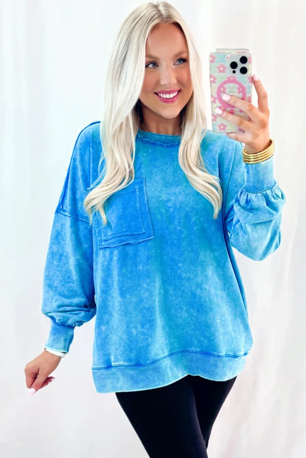 Blue Mineral Wash Raw Seam Double Patched Pocket Pullover Sweatshirt - loveforevers