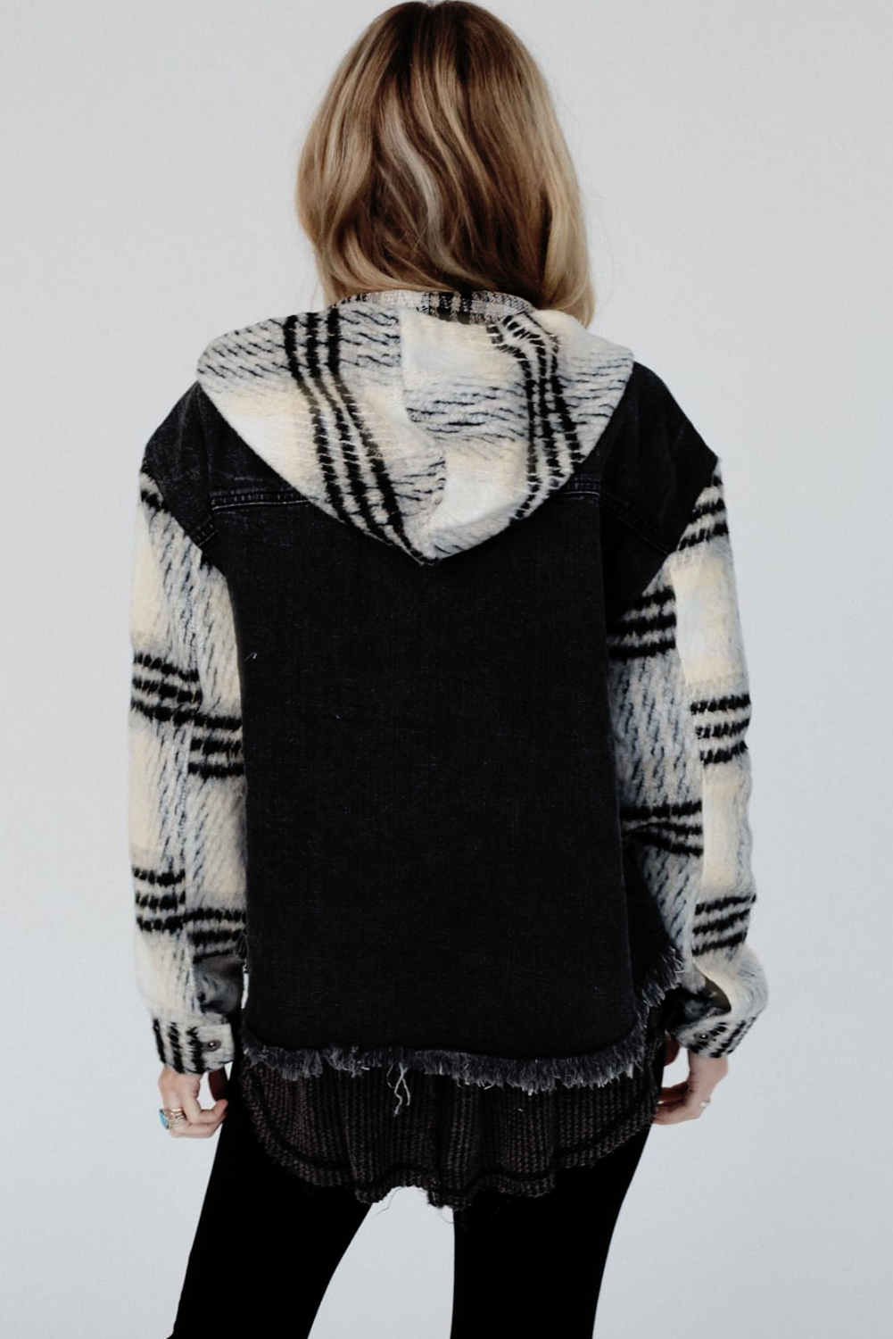 Black Plaid Sleeve Frayed Hem Hooded Denim Jacket - loveforevers