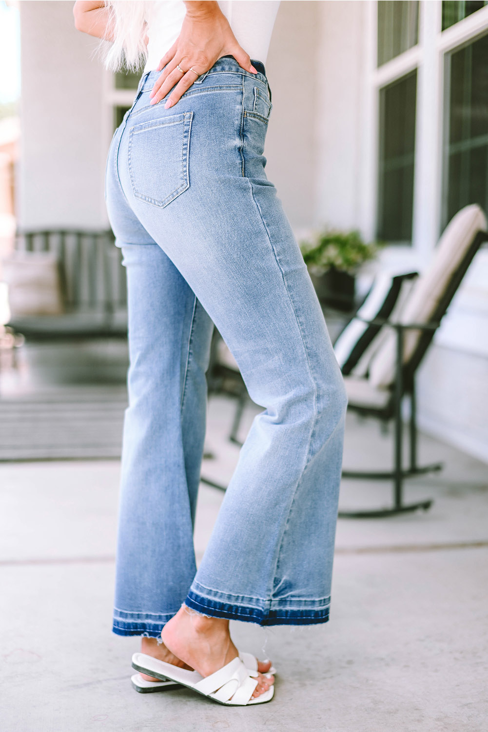 Sky Blue High Waist Buttoned Distressed Flared Jeans - loveforevers