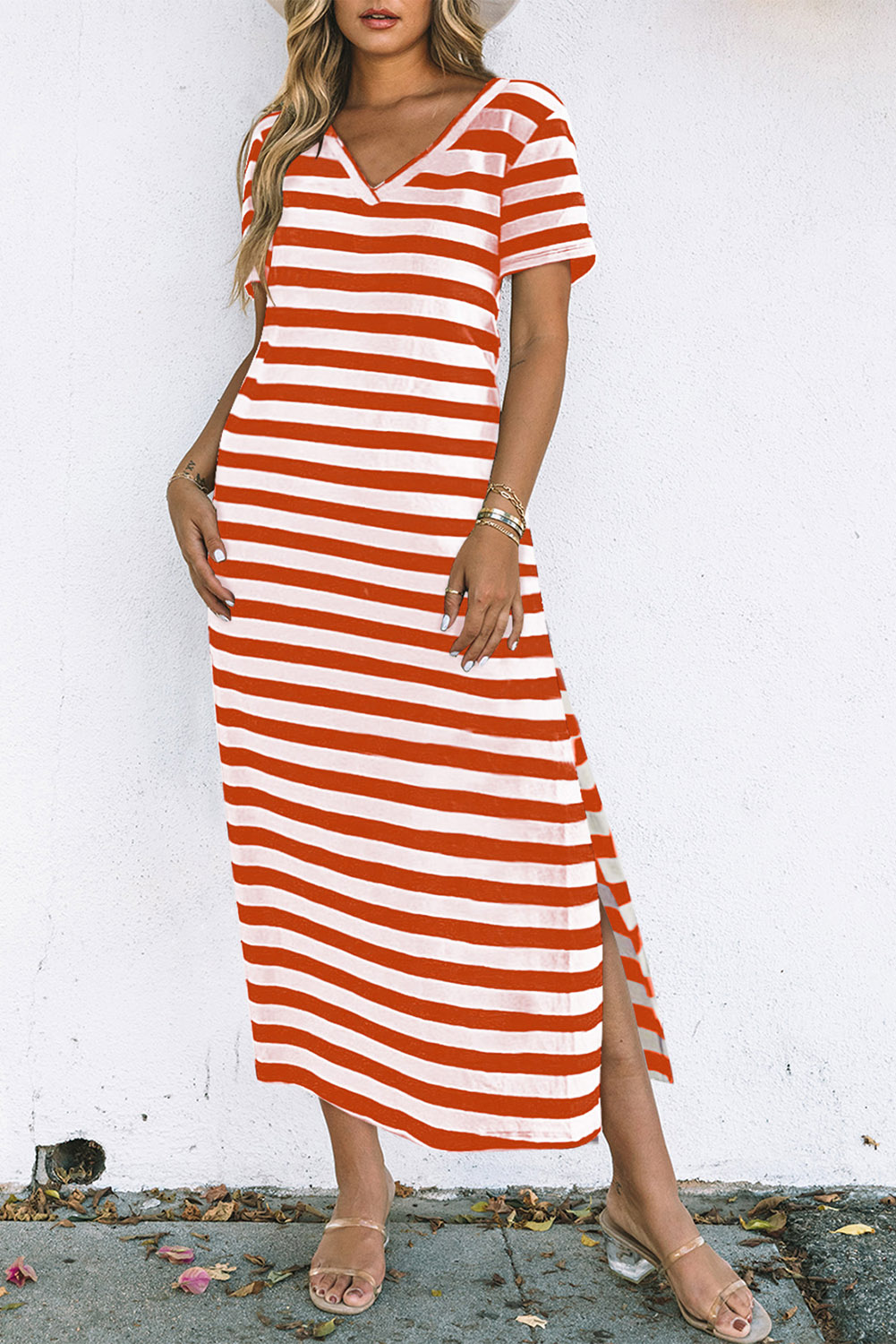 Fiery Red Black Stripe Print V Neck Maxi Dress with Side Splits - loveforevers