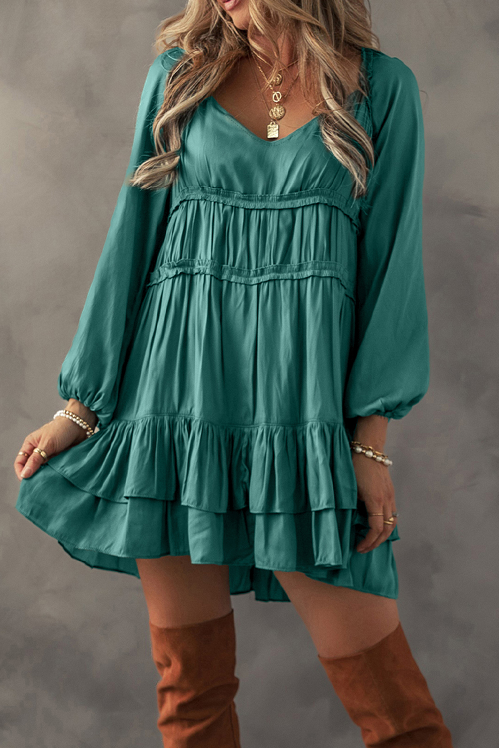 Mist Green Tiered Ruffled Puff Sleeve Loose Fit Mini Dress - loveforevers