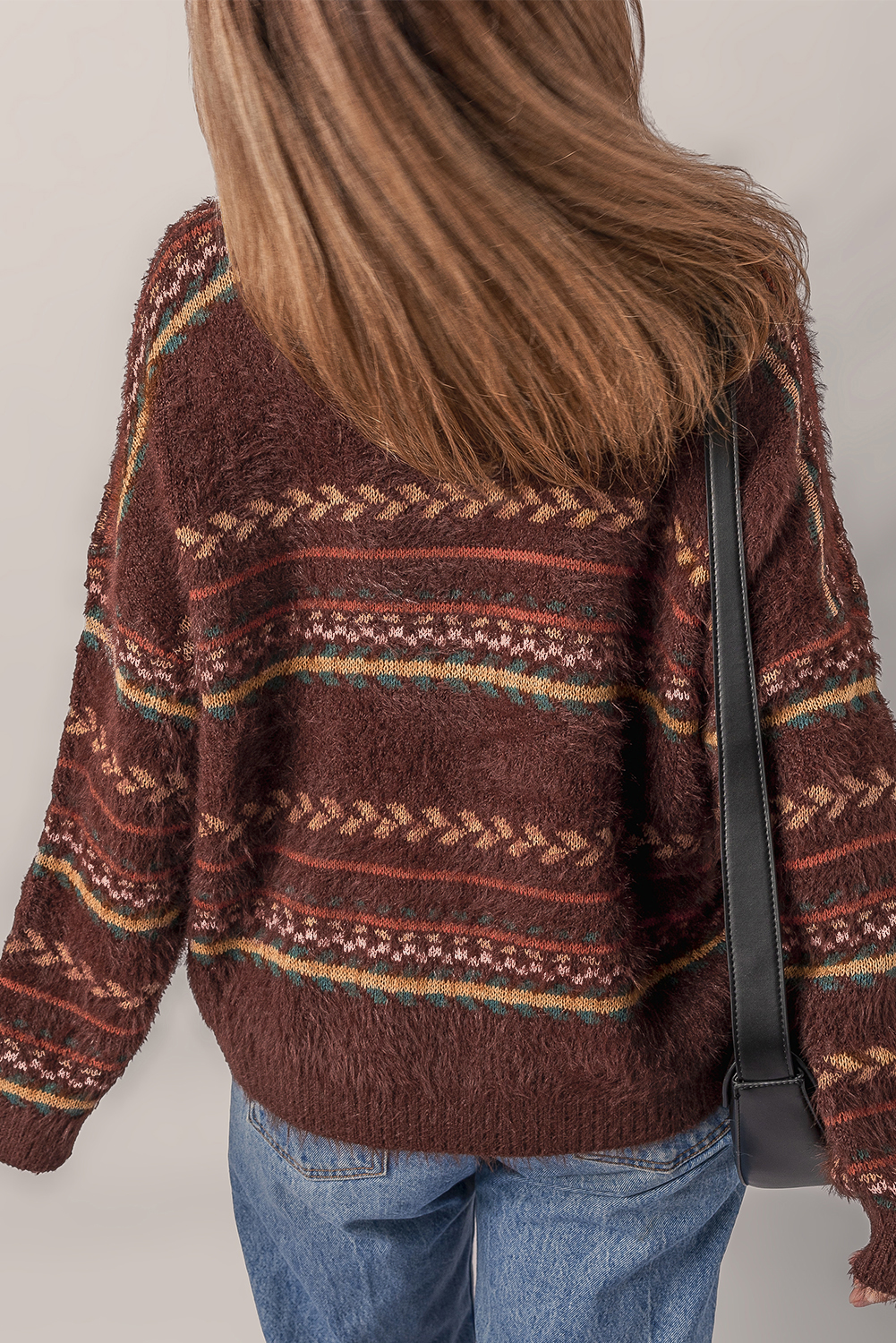 Brown Ethnic Pattern Mohair Knitted Drop Shoulder Sweater - loveforevers