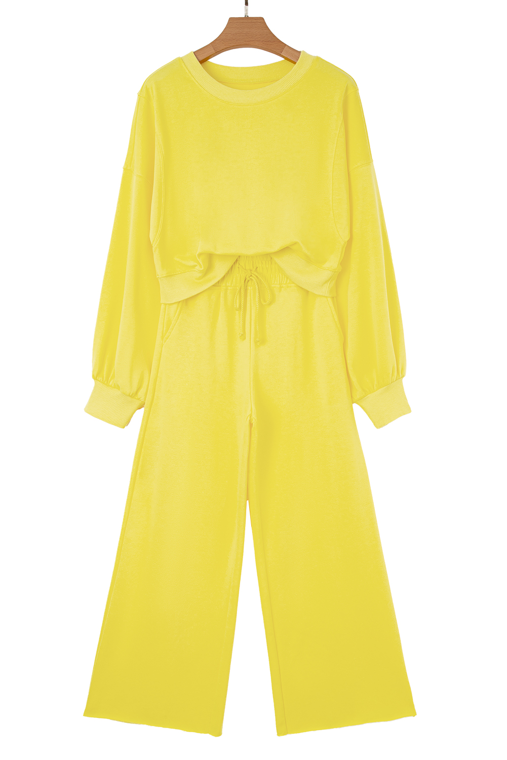 Bright Green Drop Shoulder Puff Sleeve Crop Pullover Drawstring Wide Leg Pants Set - loveforevers