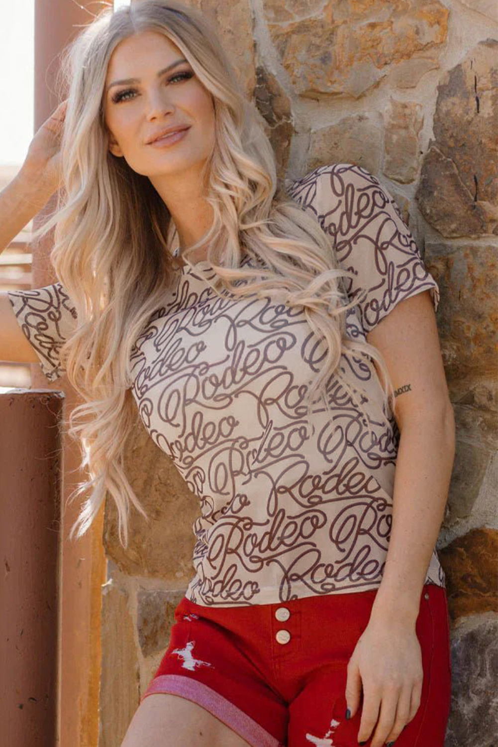 Brown Rodeo Print Round Neck Slim Fit Mesh T Shirt - loveforevers