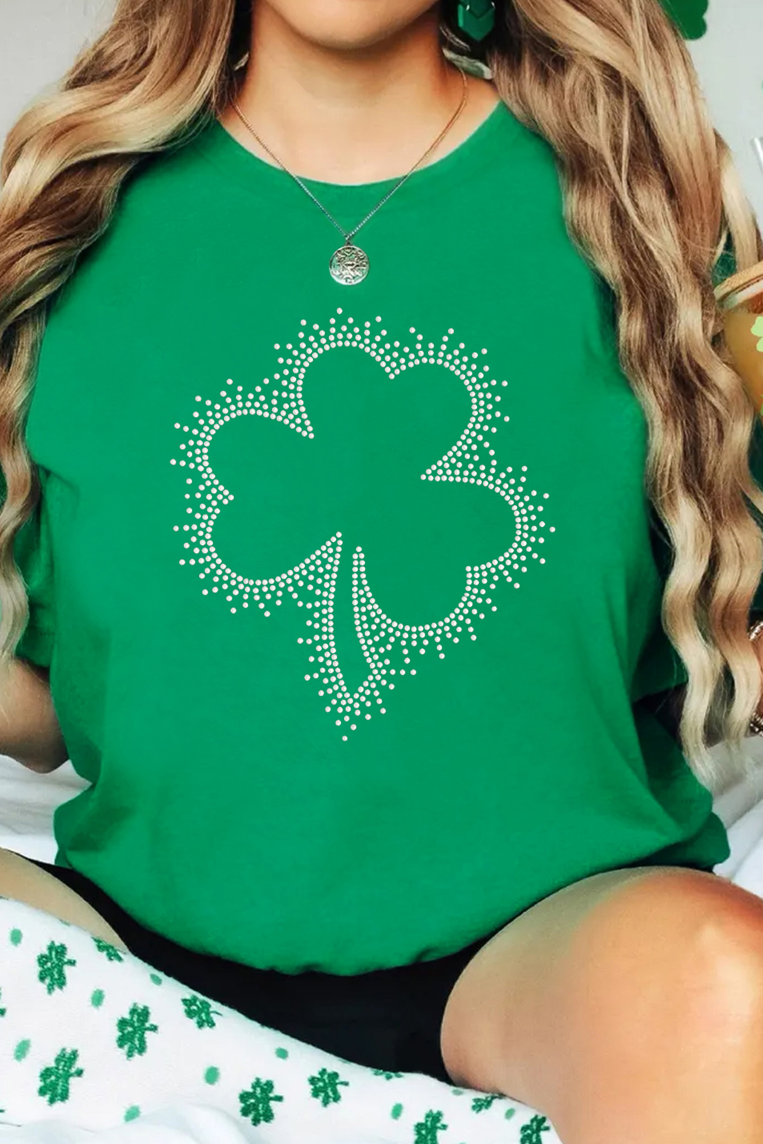 Bright Green St Patricks Day Crystal Rhinestone Shamrock Tee - loveforevers