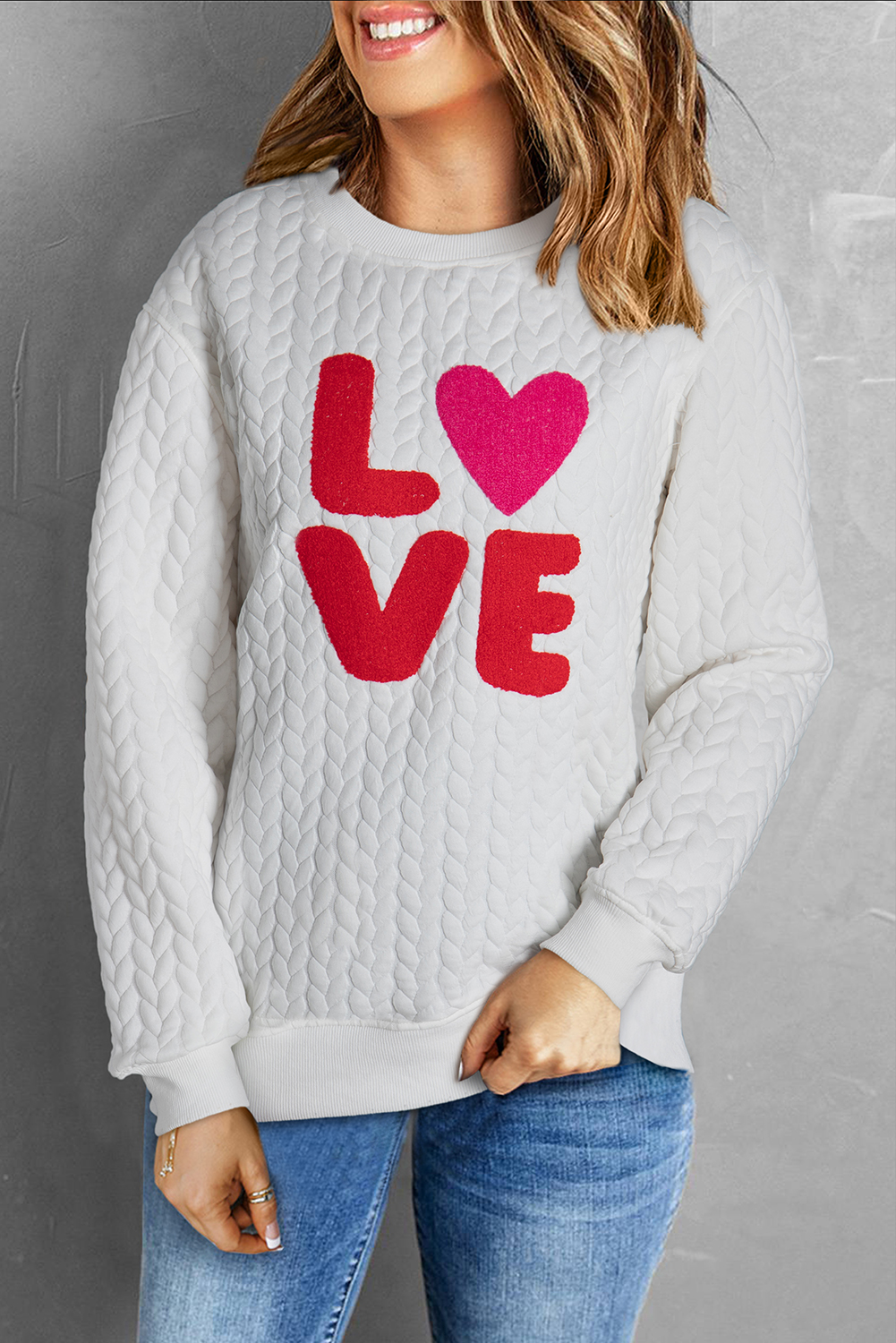 White LOVE Chenille Embroidered Cable Knit Pullover Sweatshirt - loveforevers