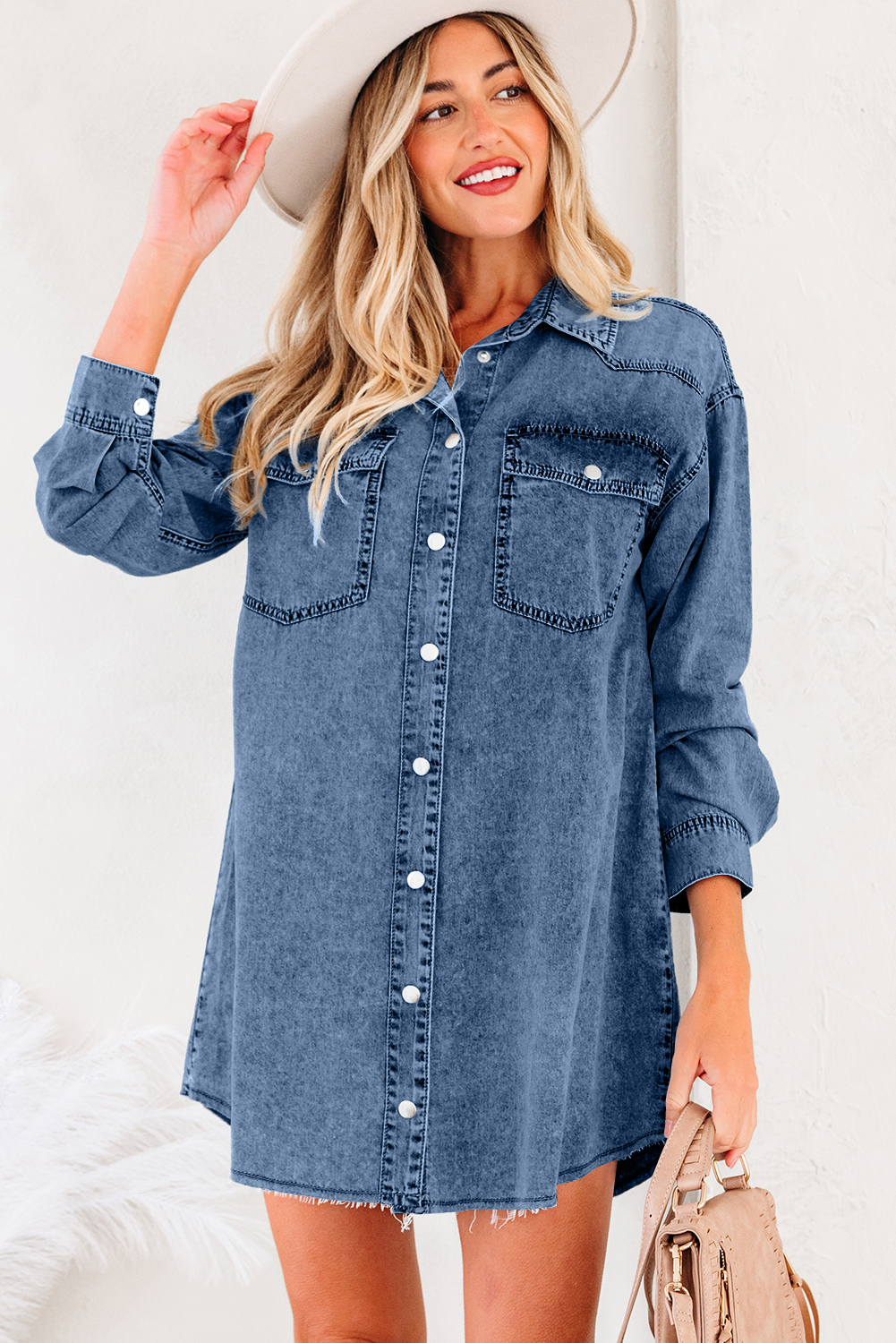 Blue Beau Chest Pocket Raw Hem Denim Loose Shirt Dress - loveforevers