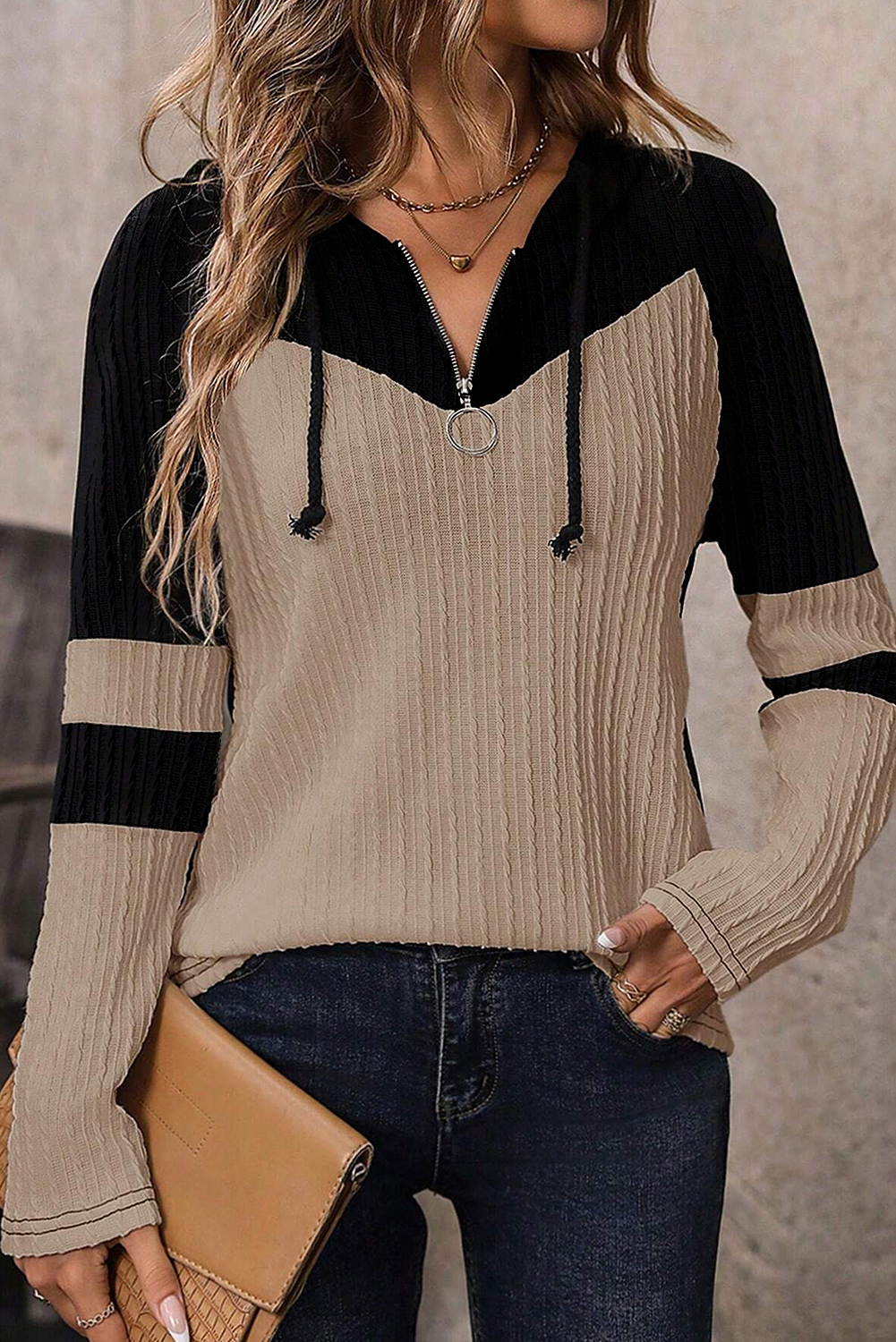 Parchment Textured Colorblock Long Sleeve Quarter Zip Drawstring Hooded Top - loveforevers
