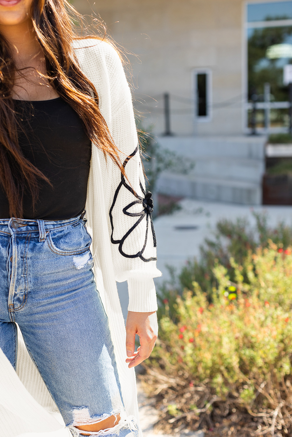 Black Flower Embroidered Drop Shoulder Open Front Duster Cardigan - loveforevers