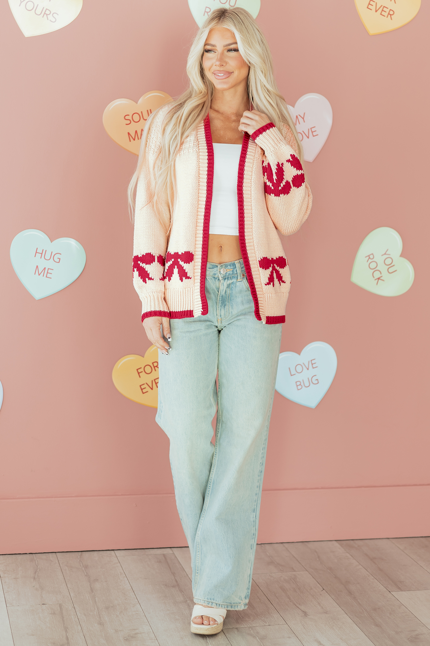 Apricot Bow Pattern Textured Open Front Baggy Cardigan - loveforevers
