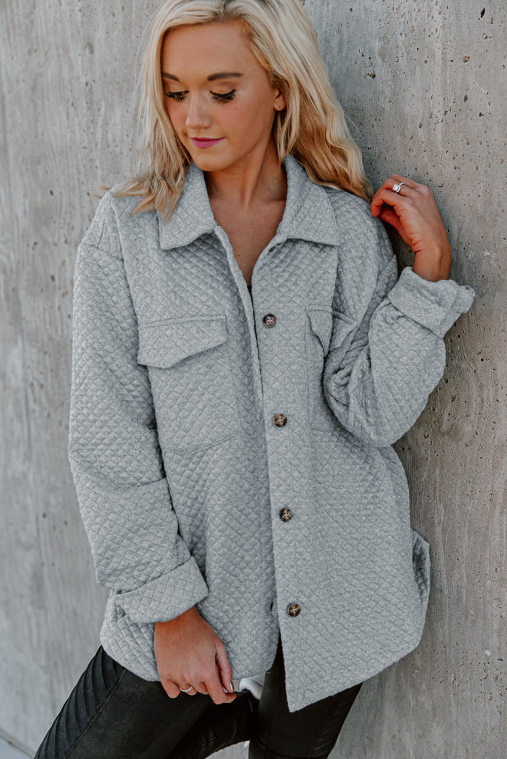 Gray Retro Quilted Flap Pocket Button Shacket - loveforevers