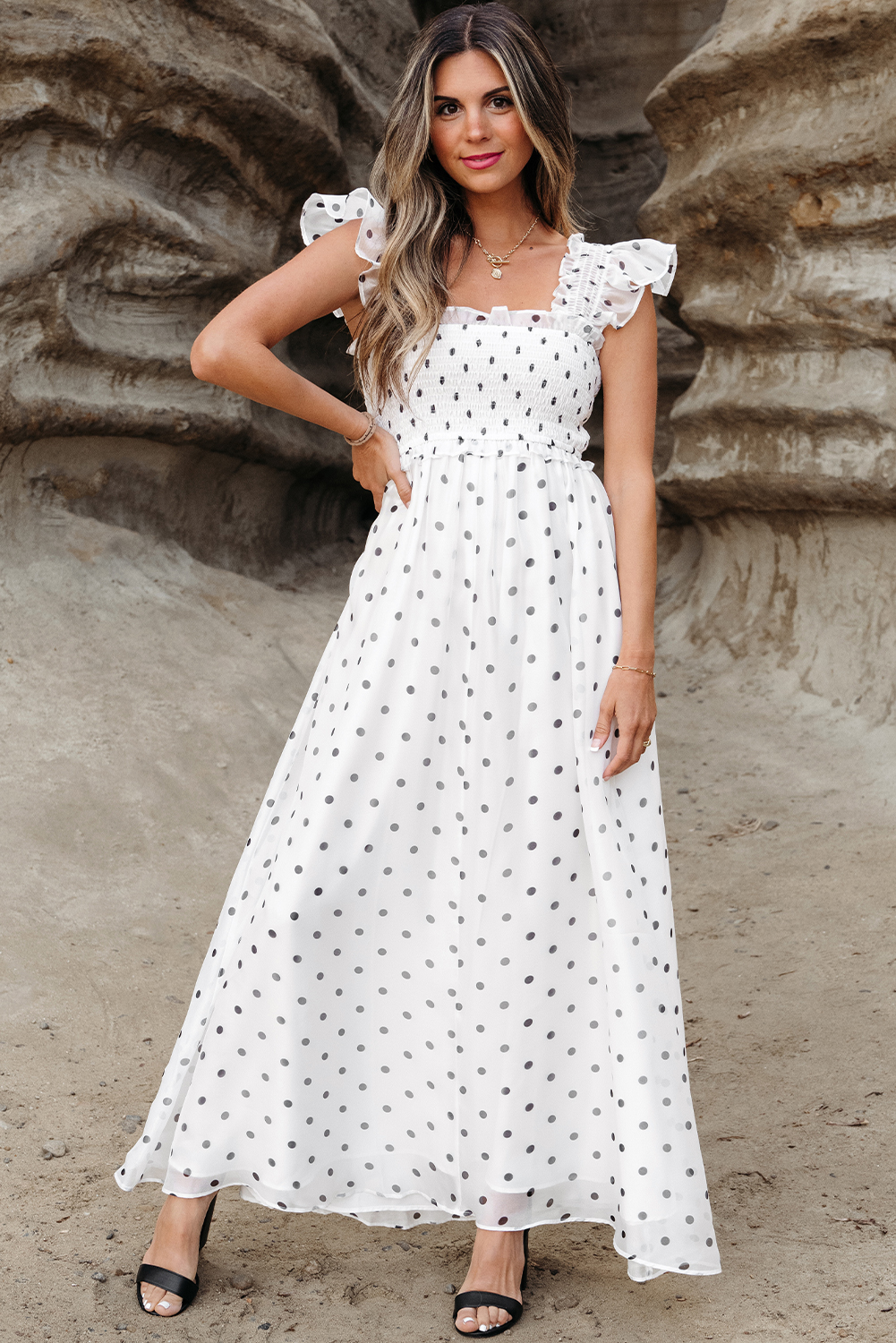 White Polka Dot Flutter Sleeve Square Neck Smocked Maxi Dress - loveforevers