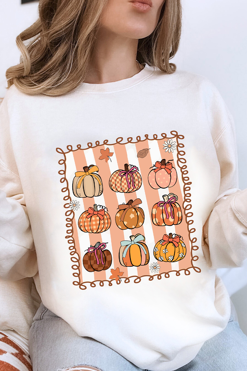 White Fall Bow Pumpkin PNG Sublimation Graphic Sweatshirt - loveforevers