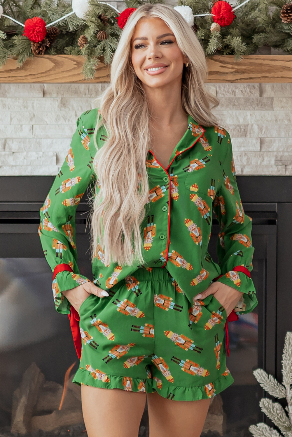 Green Christmas Candy Contrast Trim Bow Knot Silky 2pcs Pajama Set - loveforevers
