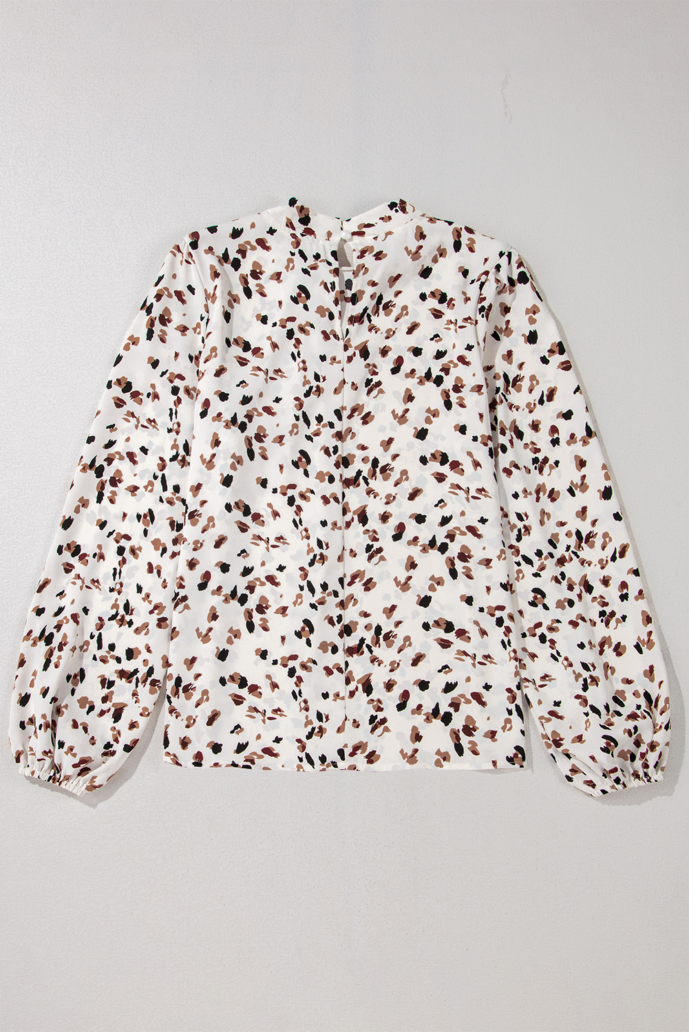 White Leopard Print Lantern Sleeve Mock Neck Pleated Blouse - loveforevers