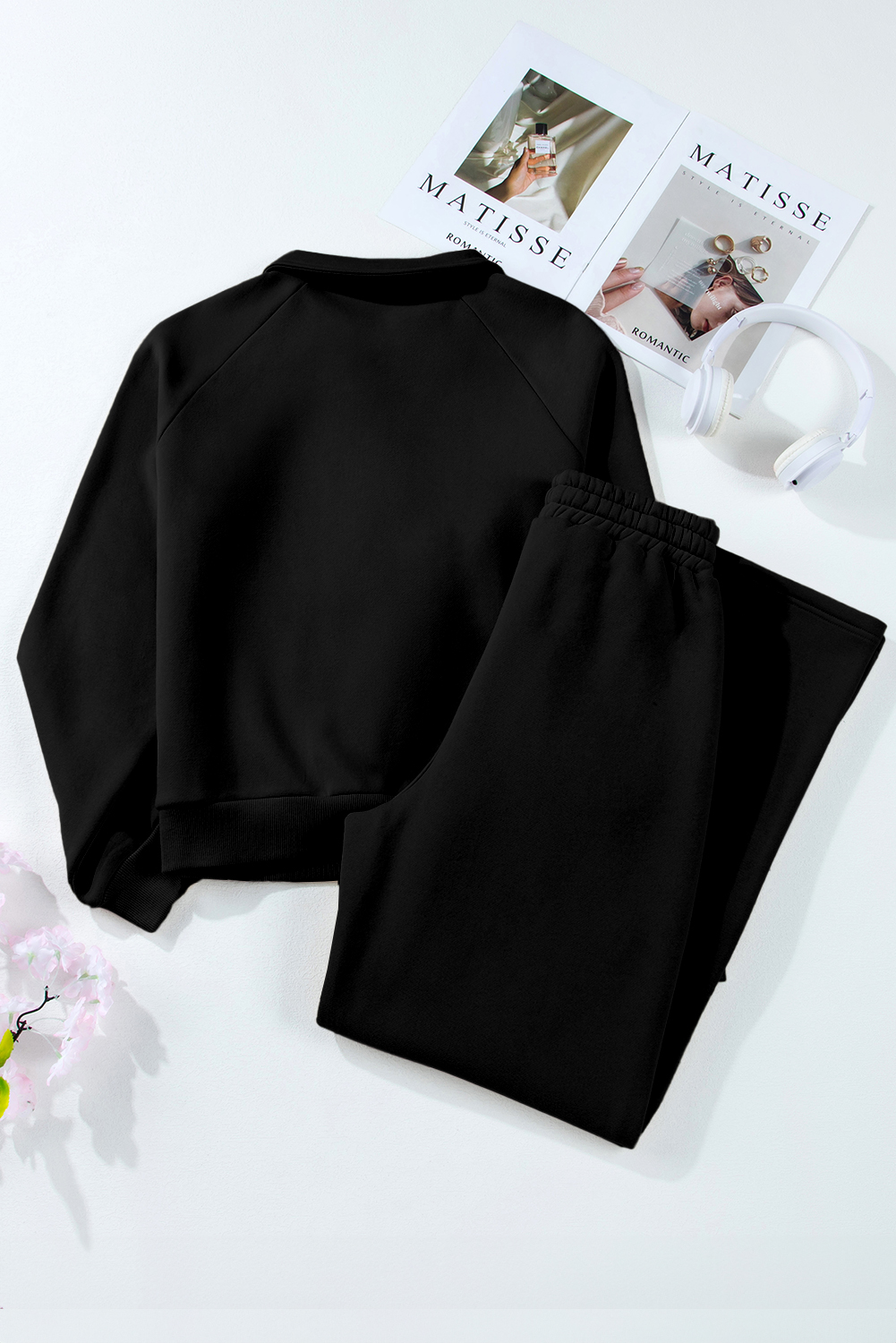 Dark Brown Solid Collared Sweatshirt and High Waist Pants Active Set - loveforevers