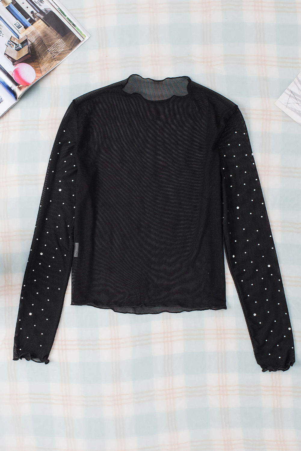 Black Rhinestone Sheer Mesh Slim Fit Long Sleeve Top - loveforevers