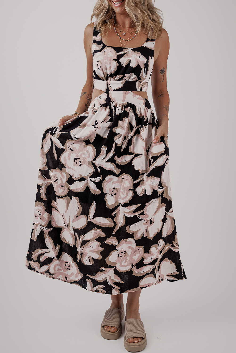 Black Floral Cutout Square Neck Knot Back Sleeveless Maxi Dress - loveforevers