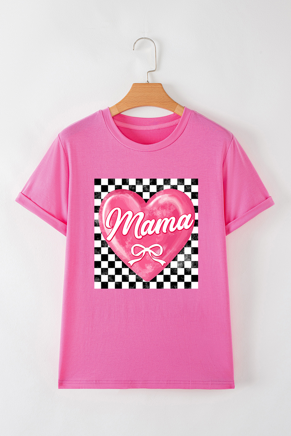 Sachet Pink Checkered Heart Pattern mama Bow Graphic Tee - loveforevers