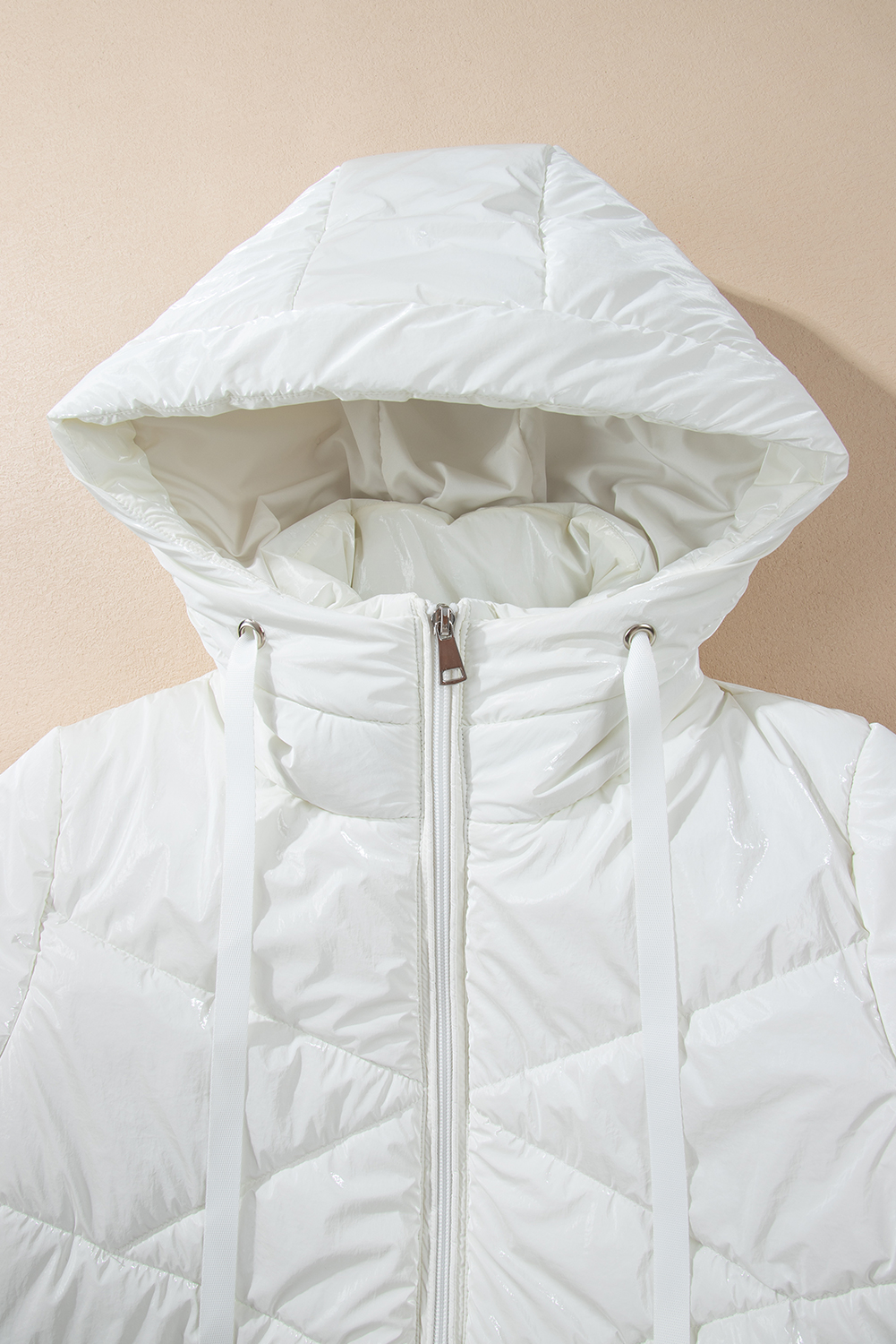 White Solid Quilted Hooded Zip Up Puffer Coat - loveforevers