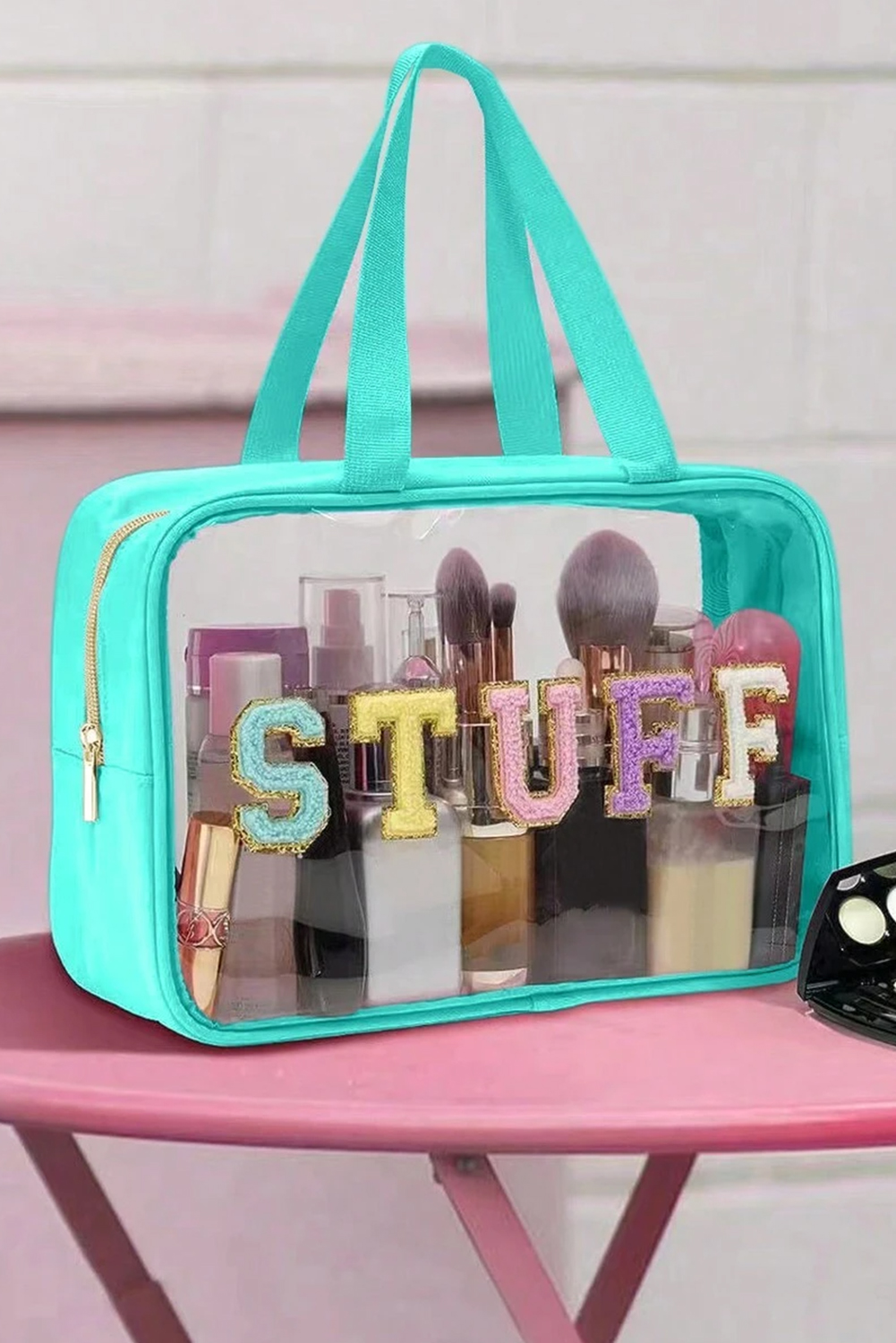 Light Pink TRAVEL Chenille Letter Clear PVC Makeup Bag - loveforevers