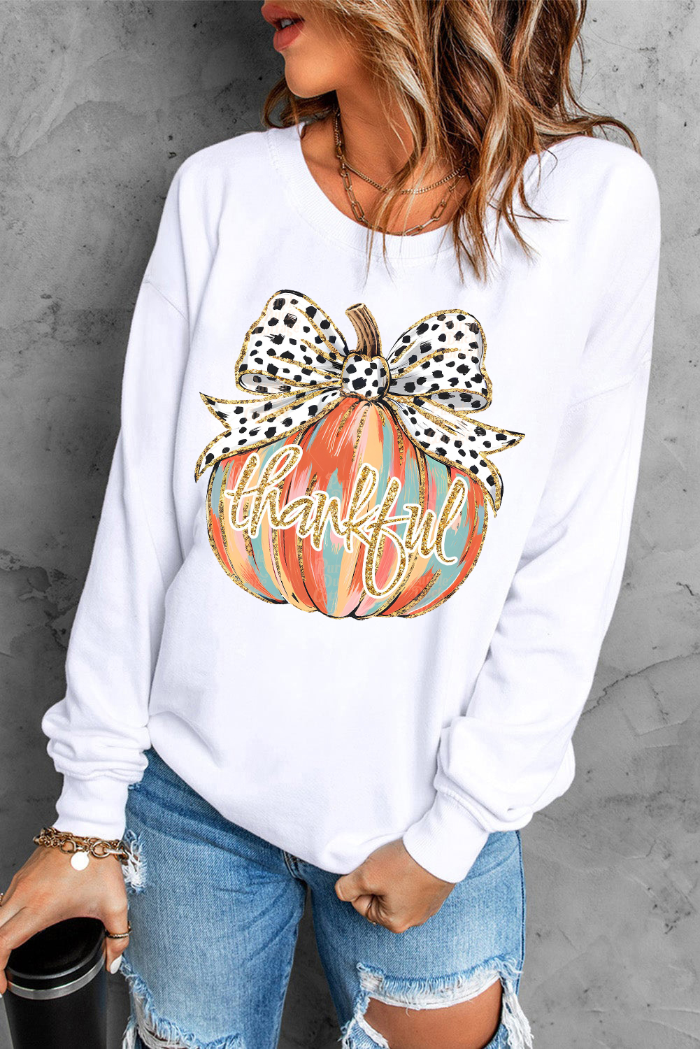 Beige Polka Dot Bow Knot Pumpkin Print Thanksgiving Sweatshirt - loveforevers